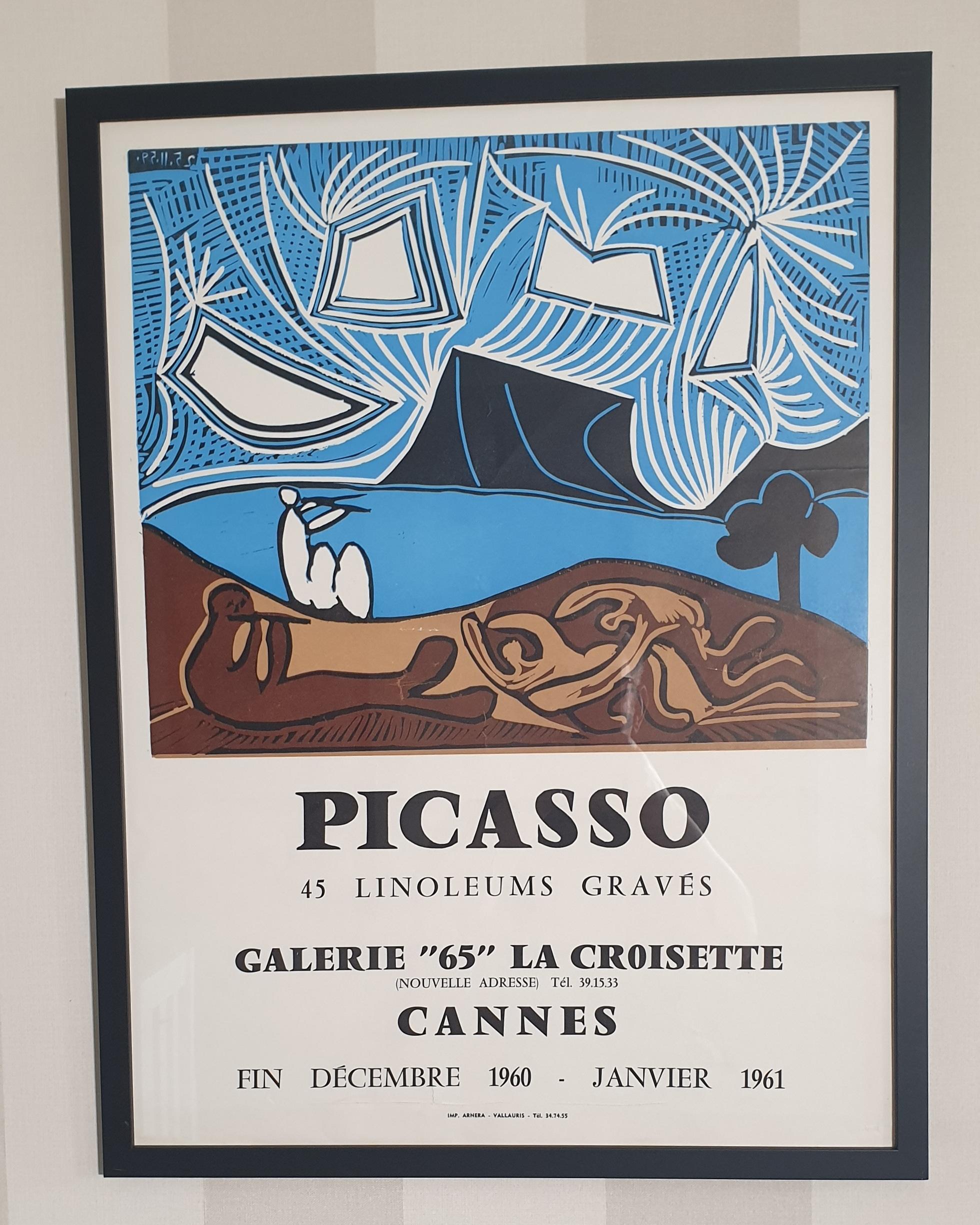 This poster is from a Picasso Exhibition in 1960 . The poster was created to market the exhibition of Lino Cuts created by Pablo Picasso. Posters from this era are now scarce. The poster was printed by the renowned French prinmaker Mouralt who