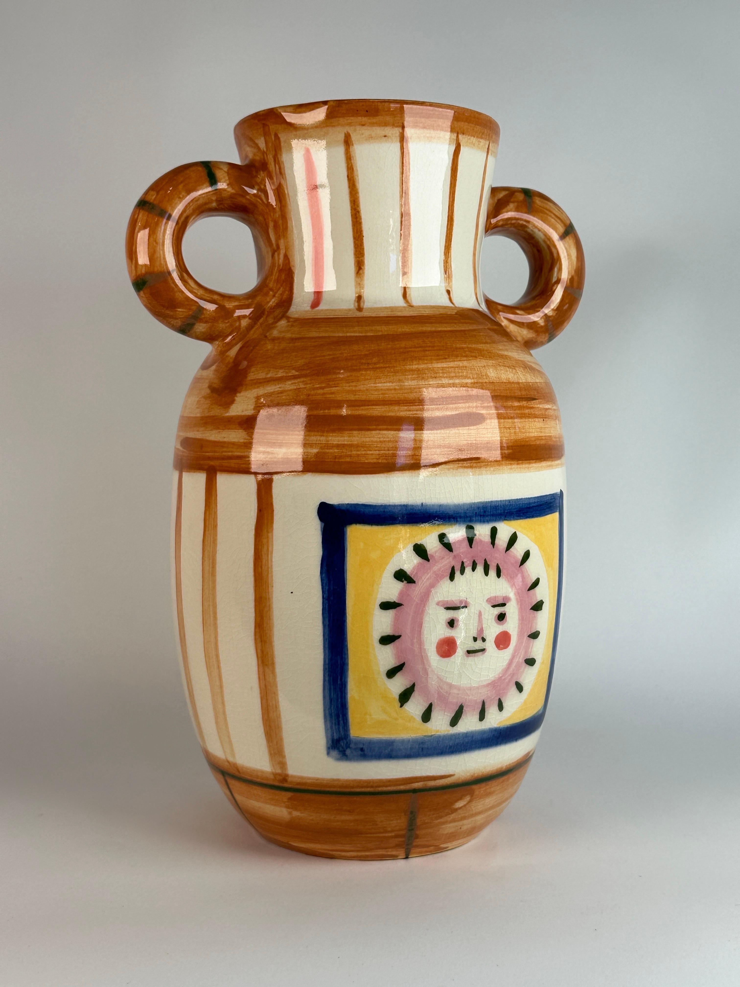 Picasso Pottery Vase, Double Handled Urn form with Sun, Edition Padrilla Mexico