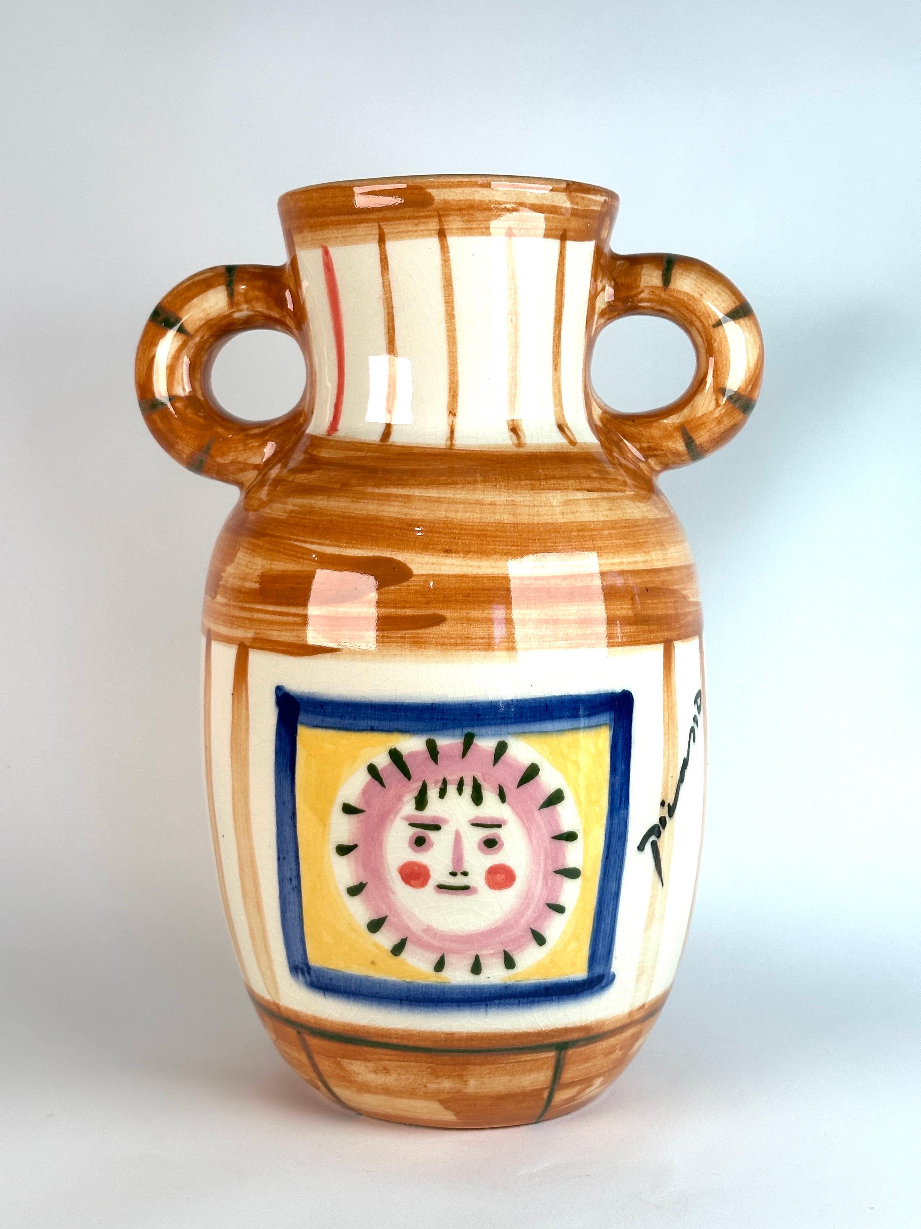 Modern Picasso Pottery Vase, Double Handled Urn form with Sun, Edition Padilla Mexico