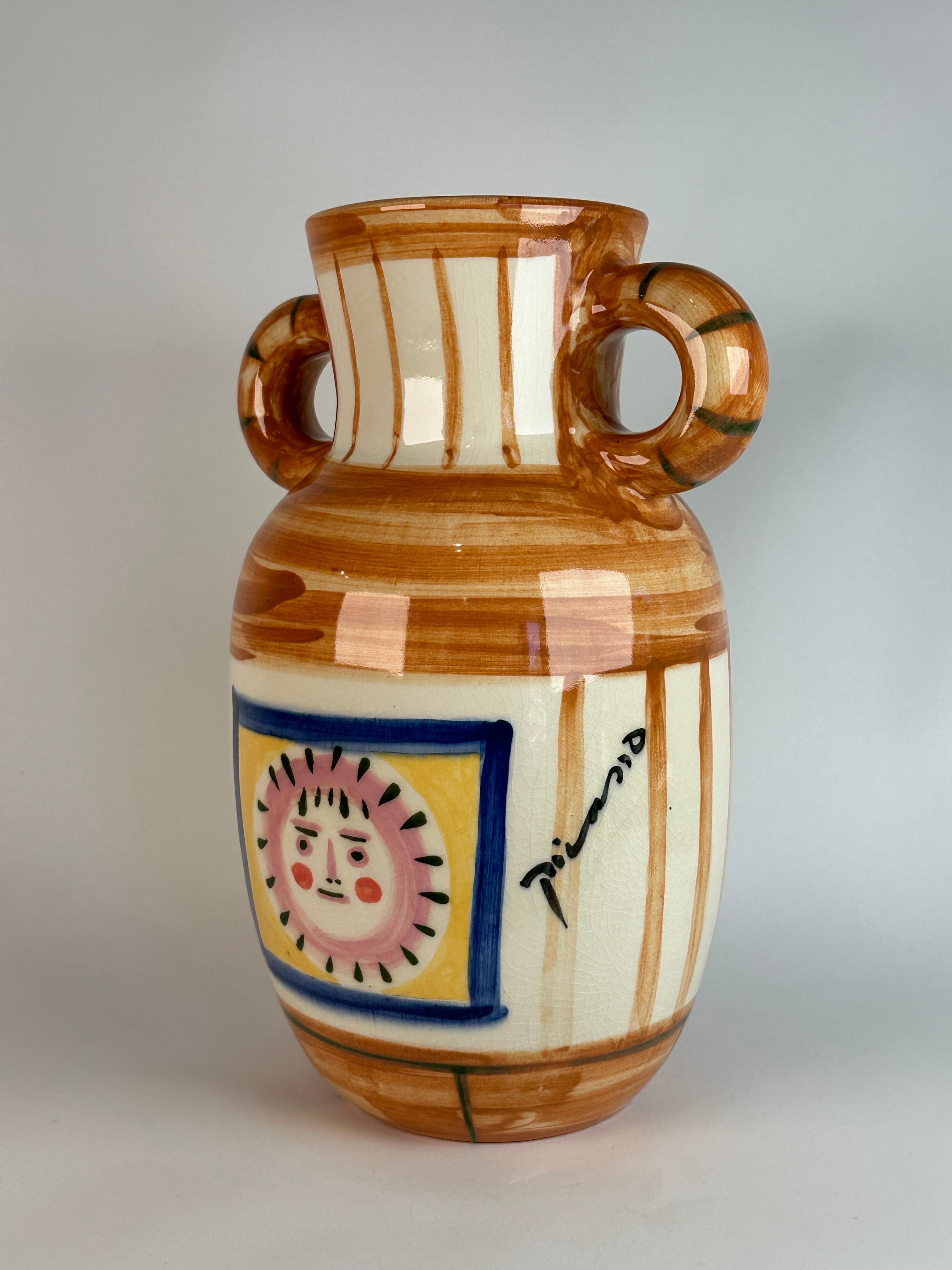 Mexican Picasso Pottery Vase, Double Handled Urn form with Sun, Edition Padilla Mexico