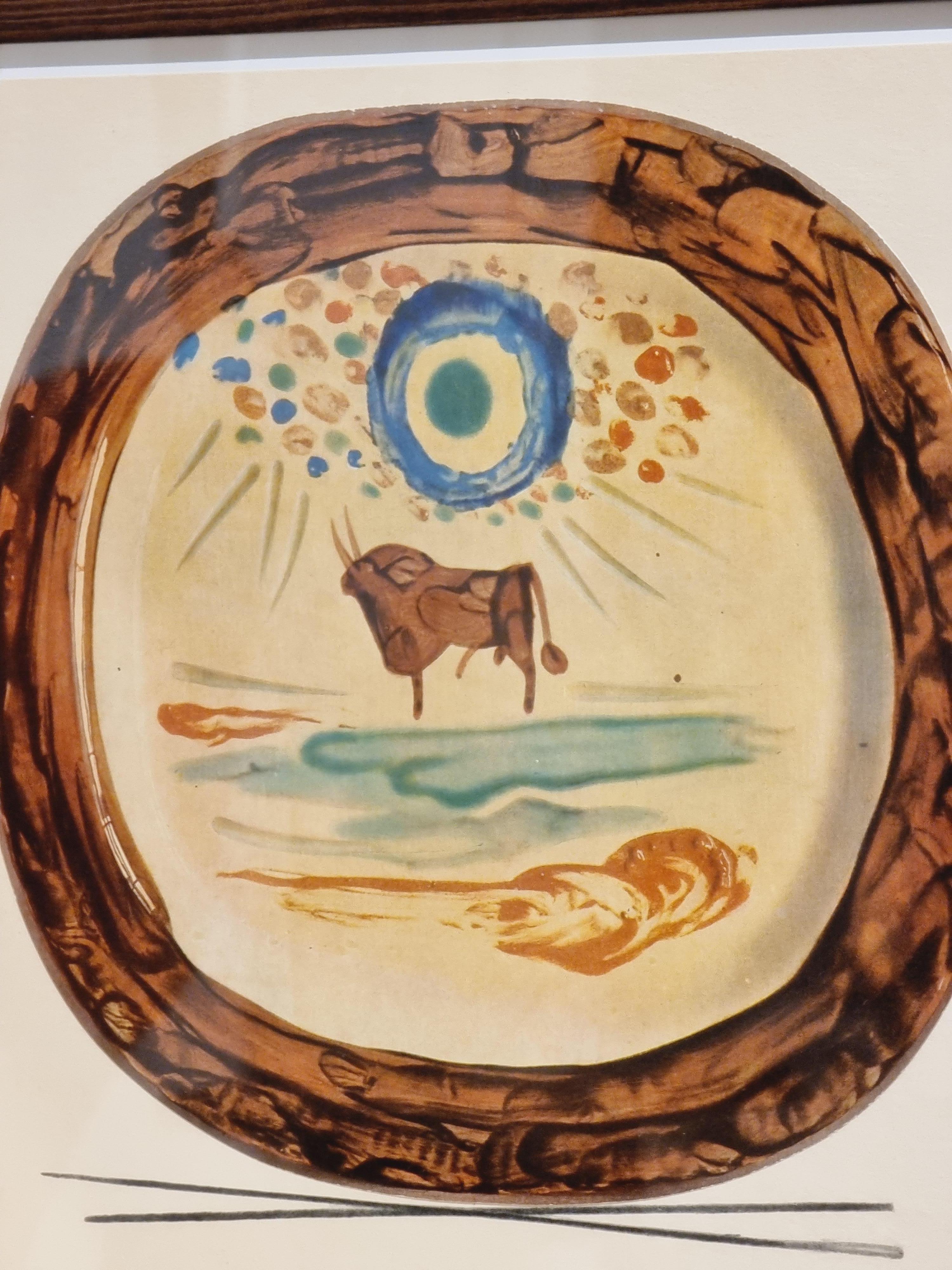 An exquisite shiny polychrome 12 prints of Picasso Vallauris ceramic plates depicting various motifs such as bull fighting, faces, food etc. The color print is attached to a thick, high quality paper with decorative lines. 

The prints are