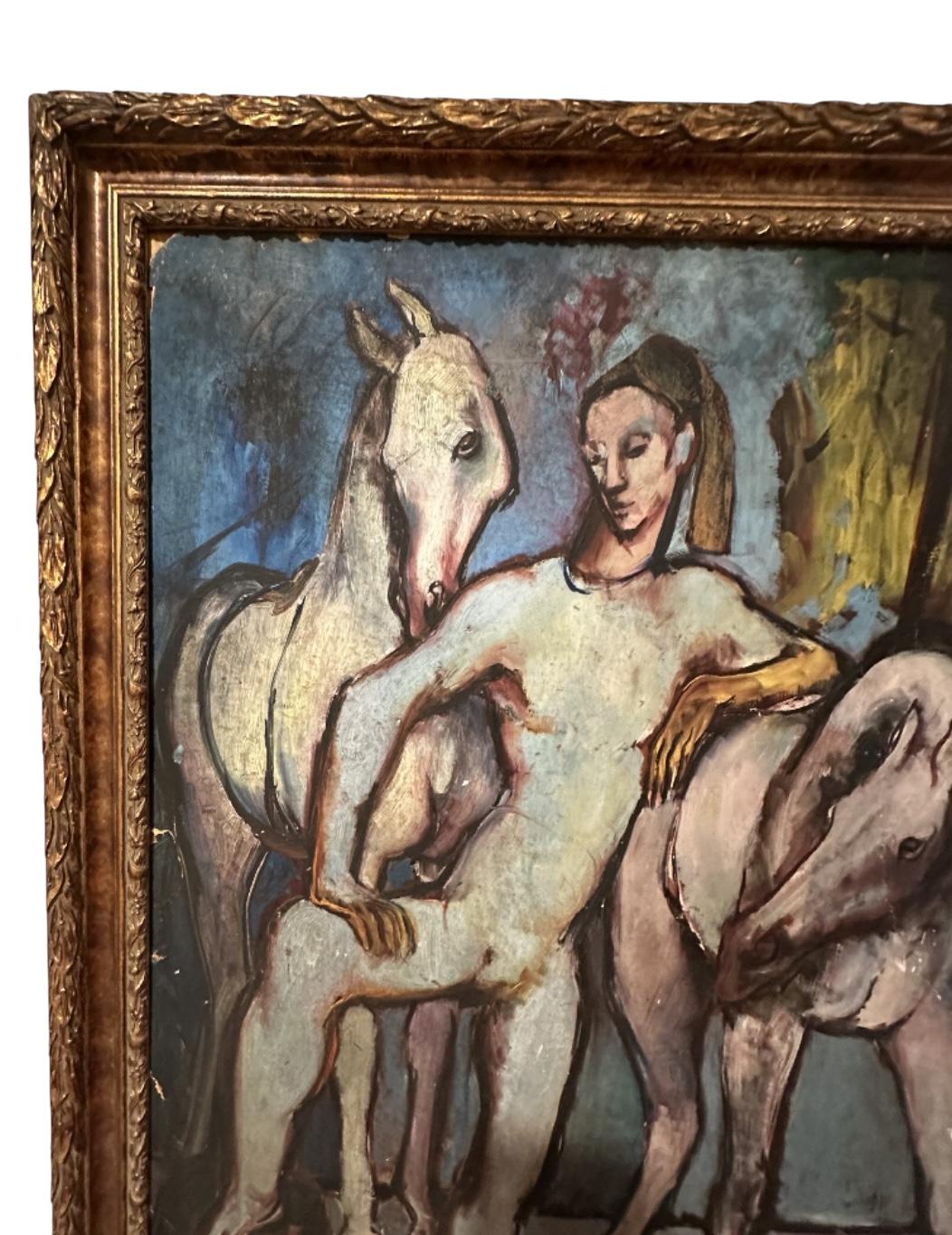 Picasso Picasso-Schule, Gemälde eines Harlekinchens mit Pferden, Öl auf Künstlerkarton im Angebot 1