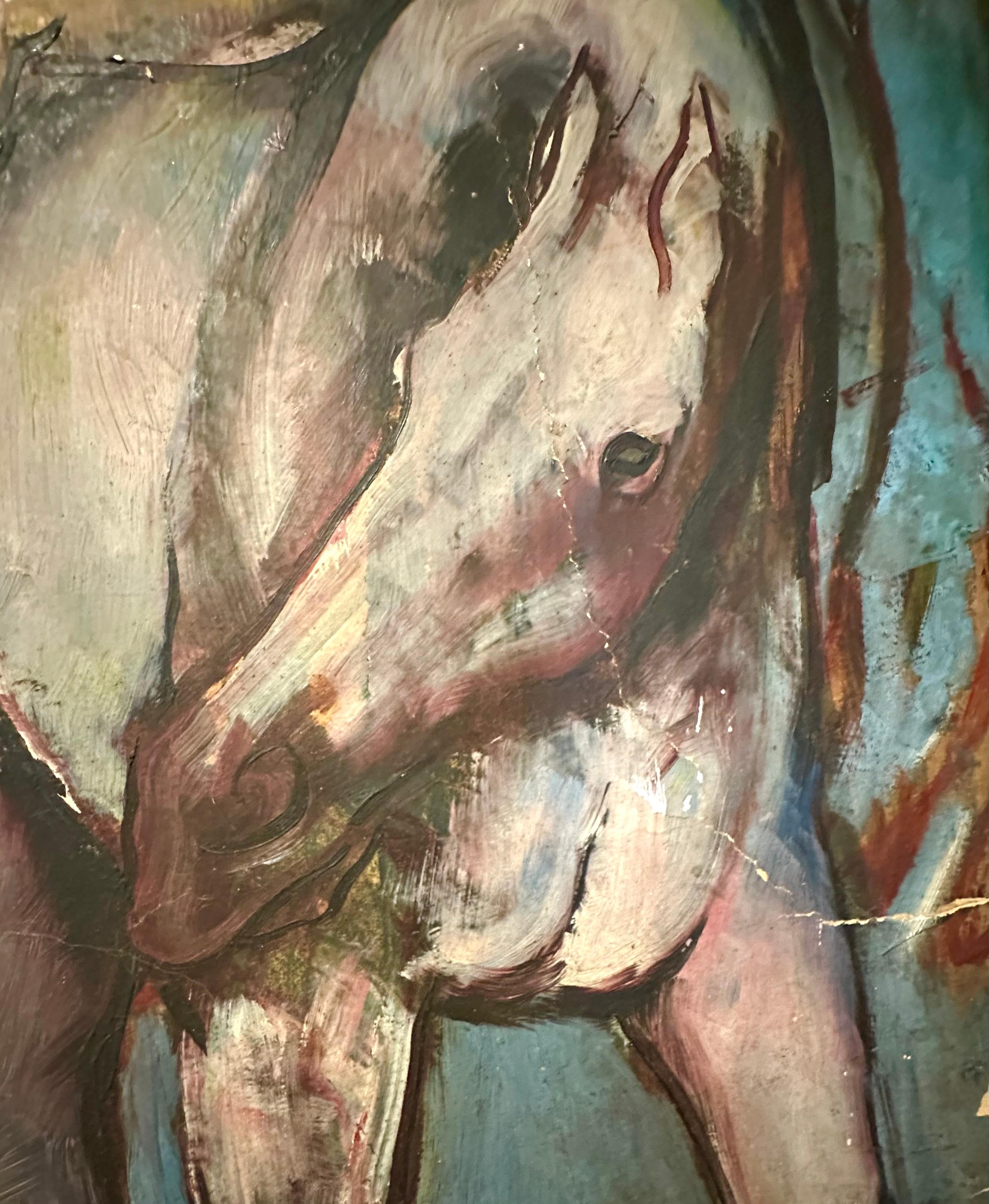 Picasso Picasso-Schule, Gemälde eines Harlekinchens mit Pferden, Öl auf Künstlerkarton im Angebot 5