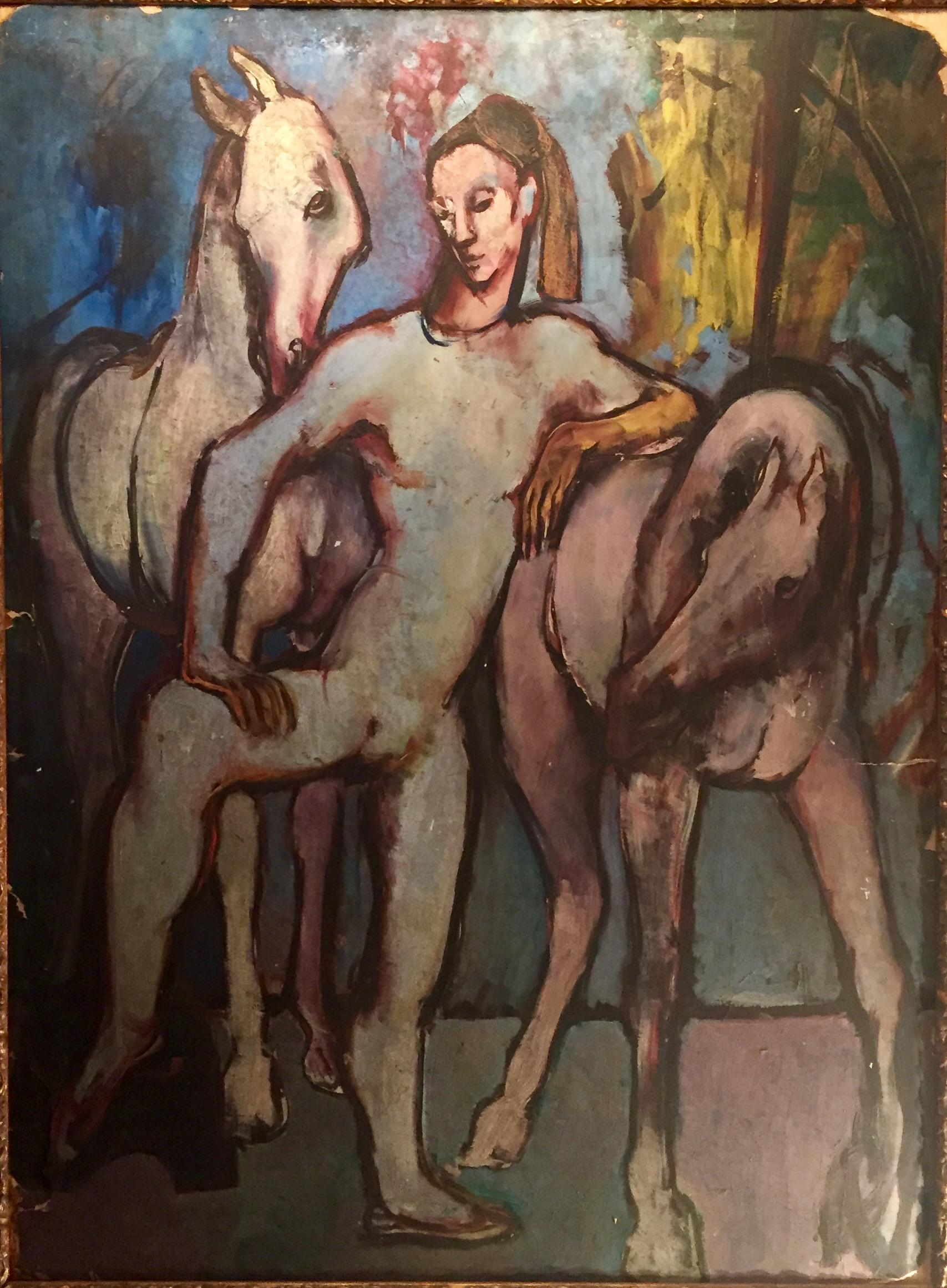 This is a masterfully painted work in the style of Picasso’s Rose period. It leans on the famous painting, “Boy Leading a Horse”. Executed in oil on artist cardboard, circa 1910. The harlequin or carnival performer is a pleasant theme. The painting