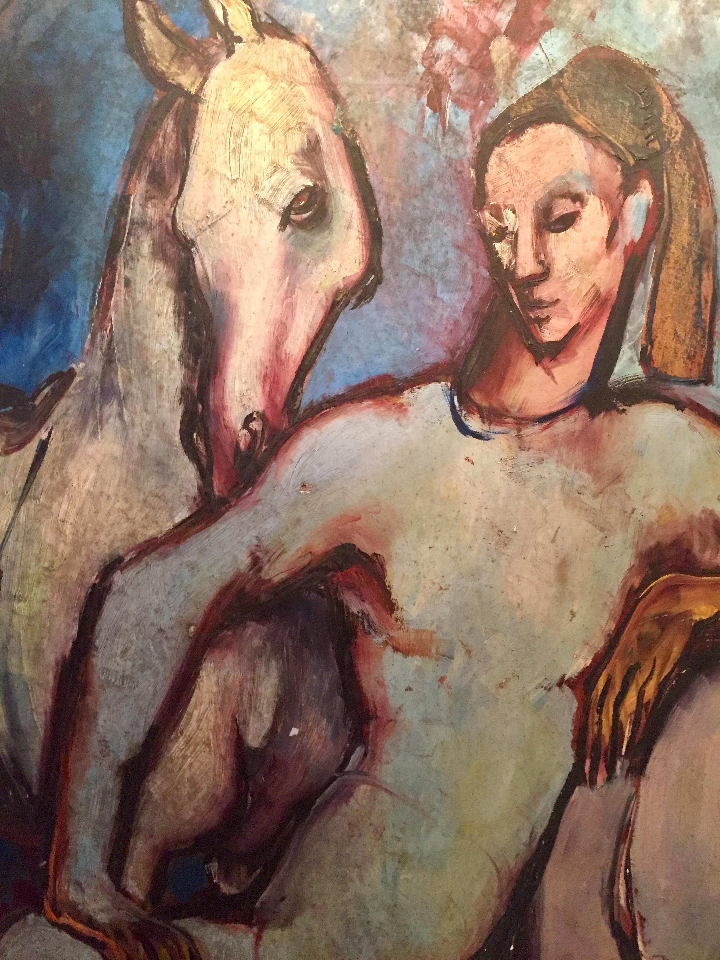 Expressionniste Peinture d'école de Picasso représentant un arlequin avec des chevaux, huile sur carton d'artiste en vente