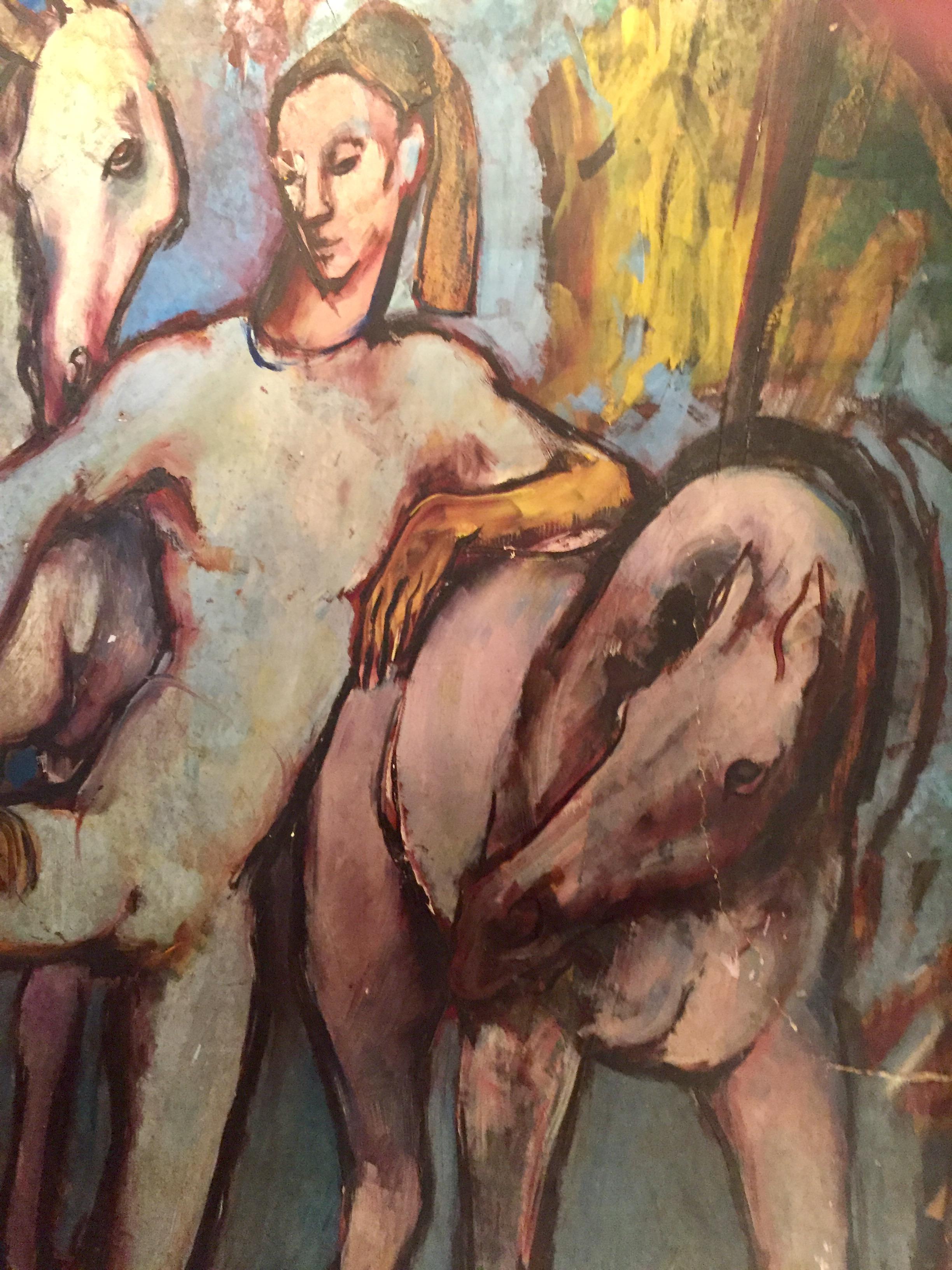 Peint à la main Peinture d'école de Picasso représentant un arlequin avec des chevaux, huile sur carton d'artiste en vente