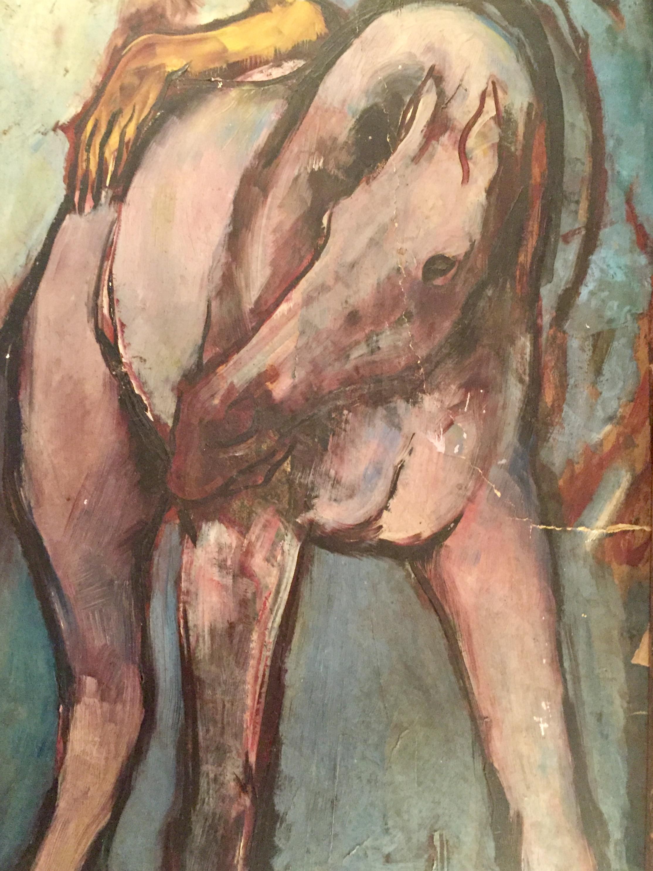 Peinture d'école de Picasso représentant un arlequin avec des chevaux, huile sur carton d'artiste État moyen - En vente à Vero Beach, FL
