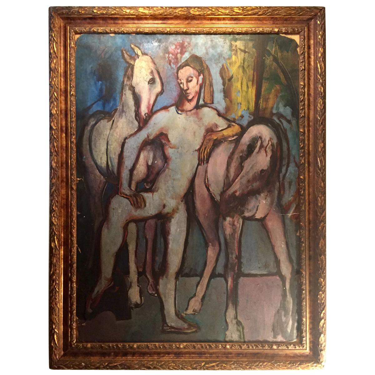 Picasso School Painting of a Harlequin with Horses, Oil on Artist Cardboard