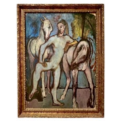 Picasso School Painting of a Harlequin with Horses, Oil on Artist Cardboard