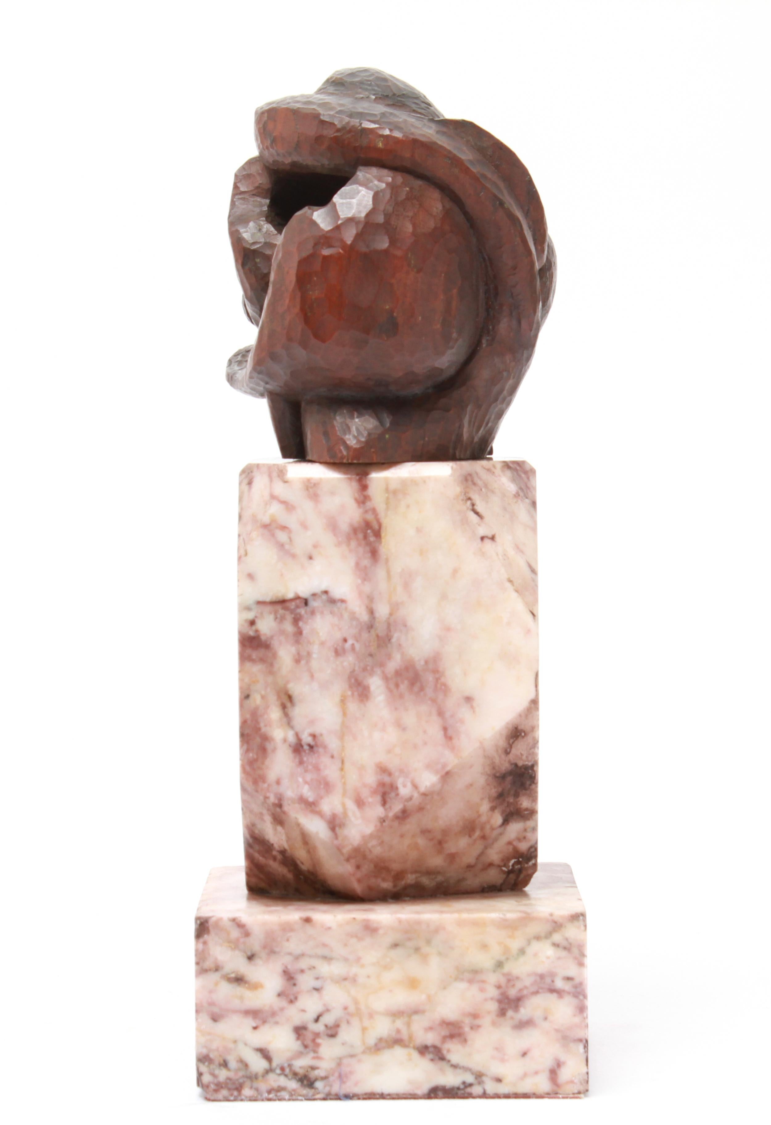 Carved Picasso Style 'Cubist Head' Wooden Bust on Marble Base