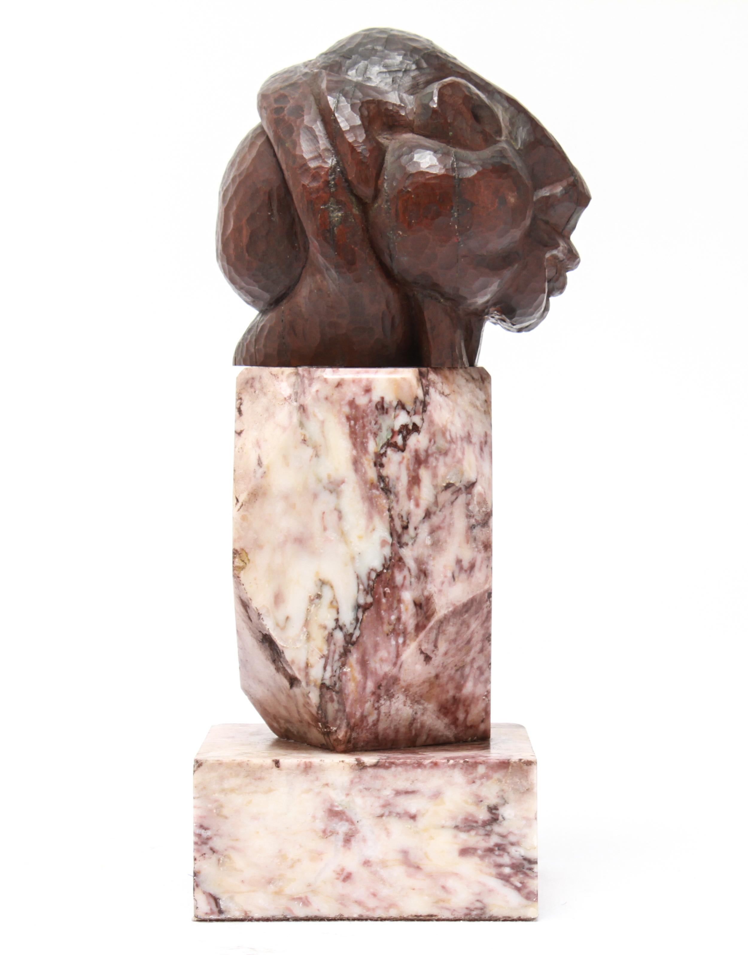 Picasso Style 'Cubist Head' Wooden Bust on Marble Base In Good Condition In New York, NY