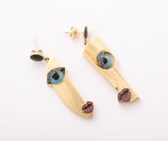 Boucles d'oreilles à facettes en or, diamants et émail, style Picasso