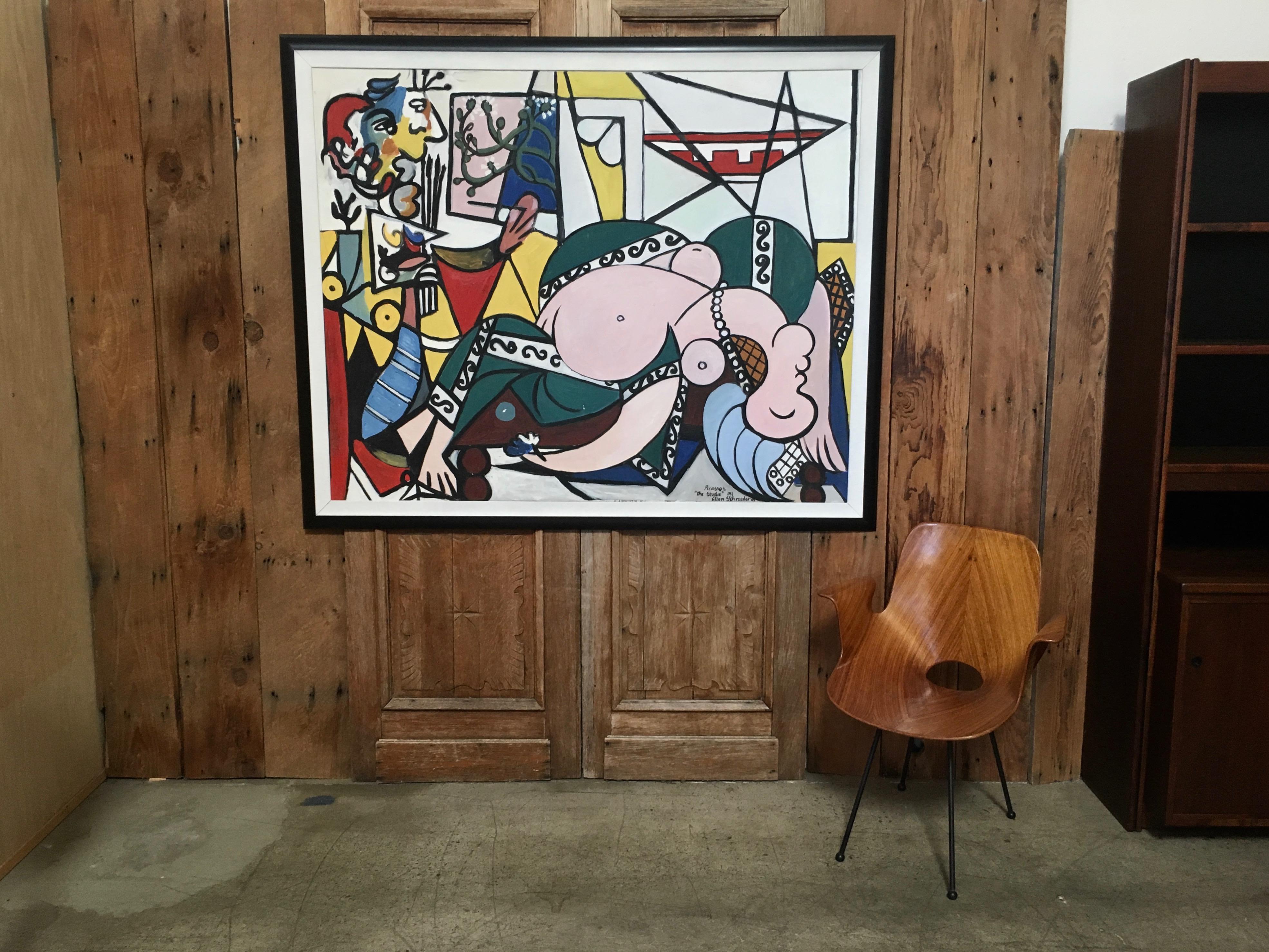 Large abstract Picasso style oil on canvas by Ellen Shraeder, signed and dated 1999. 
This is named (the studio).