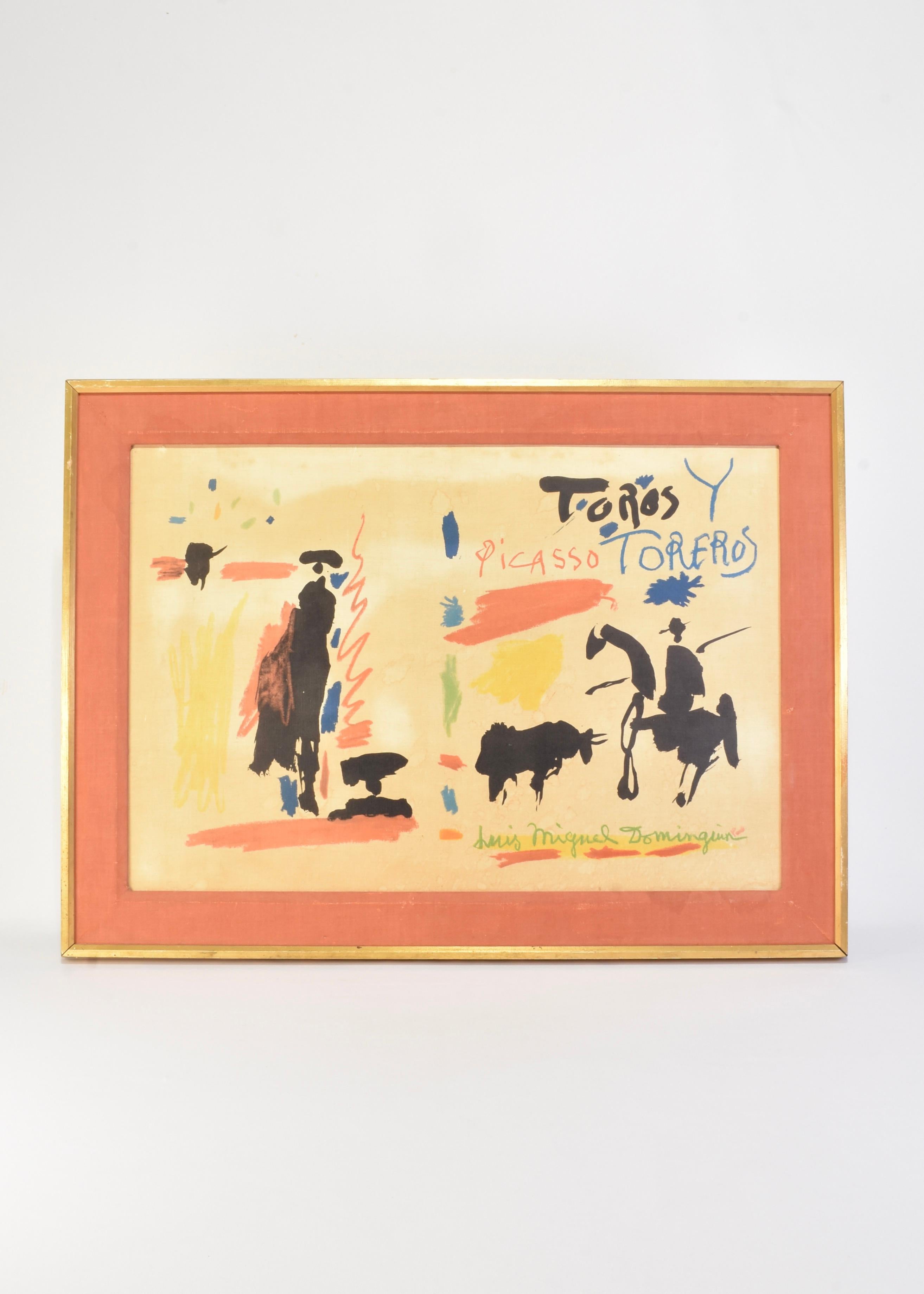 Rare, vintage artwork featuring Picasso's 'Toros Y Toreros, Luis Miguel Domingiun'. 

Framed in original gilt wood with red fabric matte. Frame does not include glass.