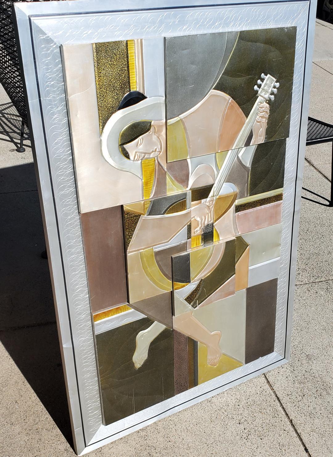 Picasso's Guitarist Rendering in 3D Embossed Tinted Aluminum Metal Art Signed For Sale 11