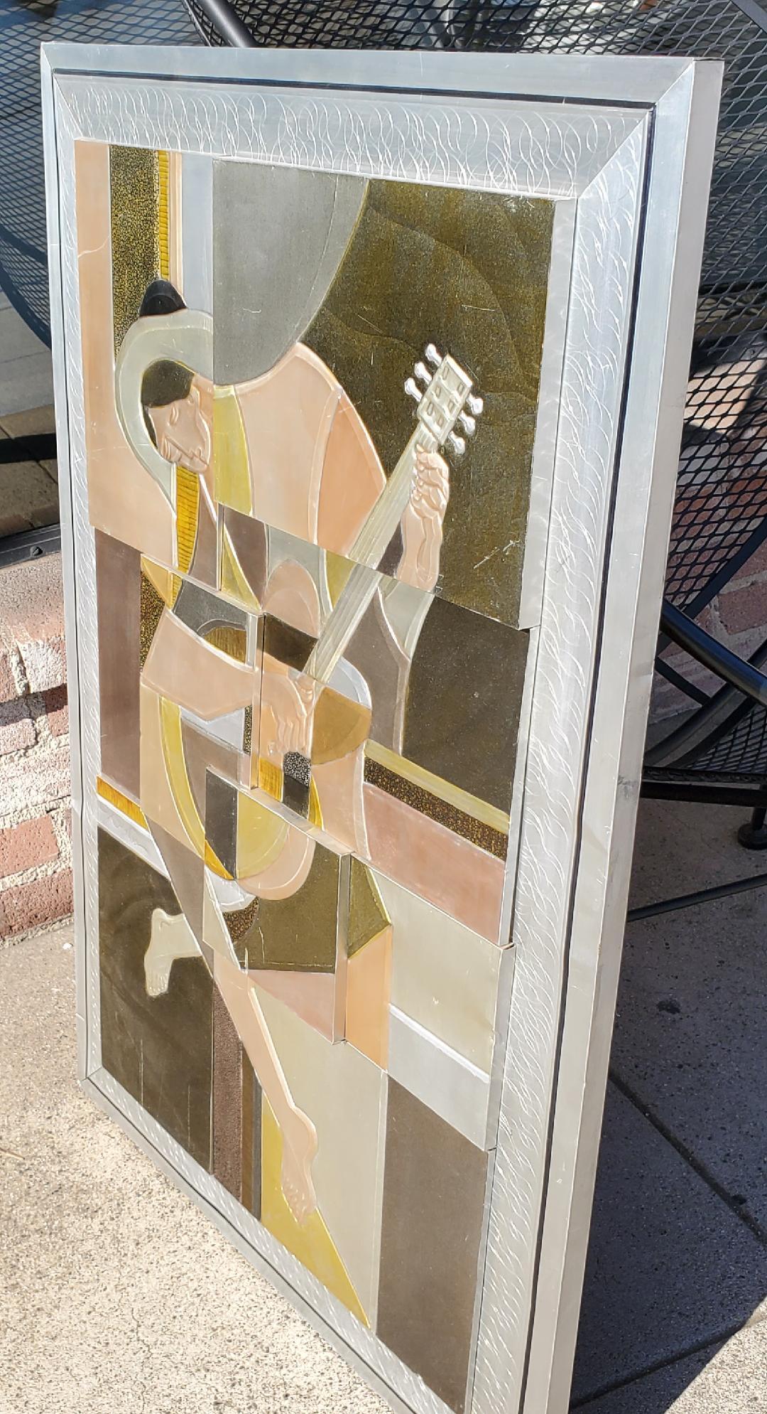 Picasso's Guitarist Rendering in 3D Embossed Tinted Aluminum Metal Art Signed For Sale 12