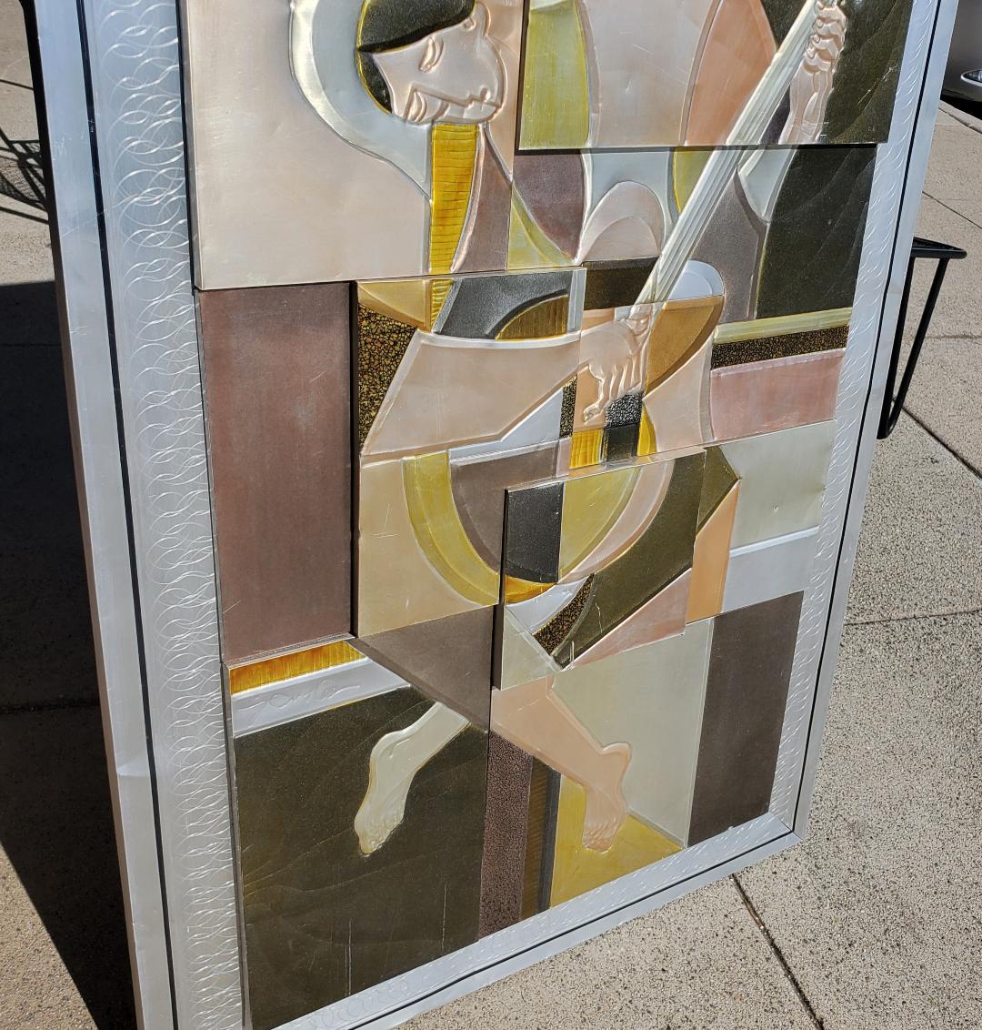 Picasso's Guitarist Rendering in 3D Embossed Tinted Aluminum Metal Art Signed For Sale 14