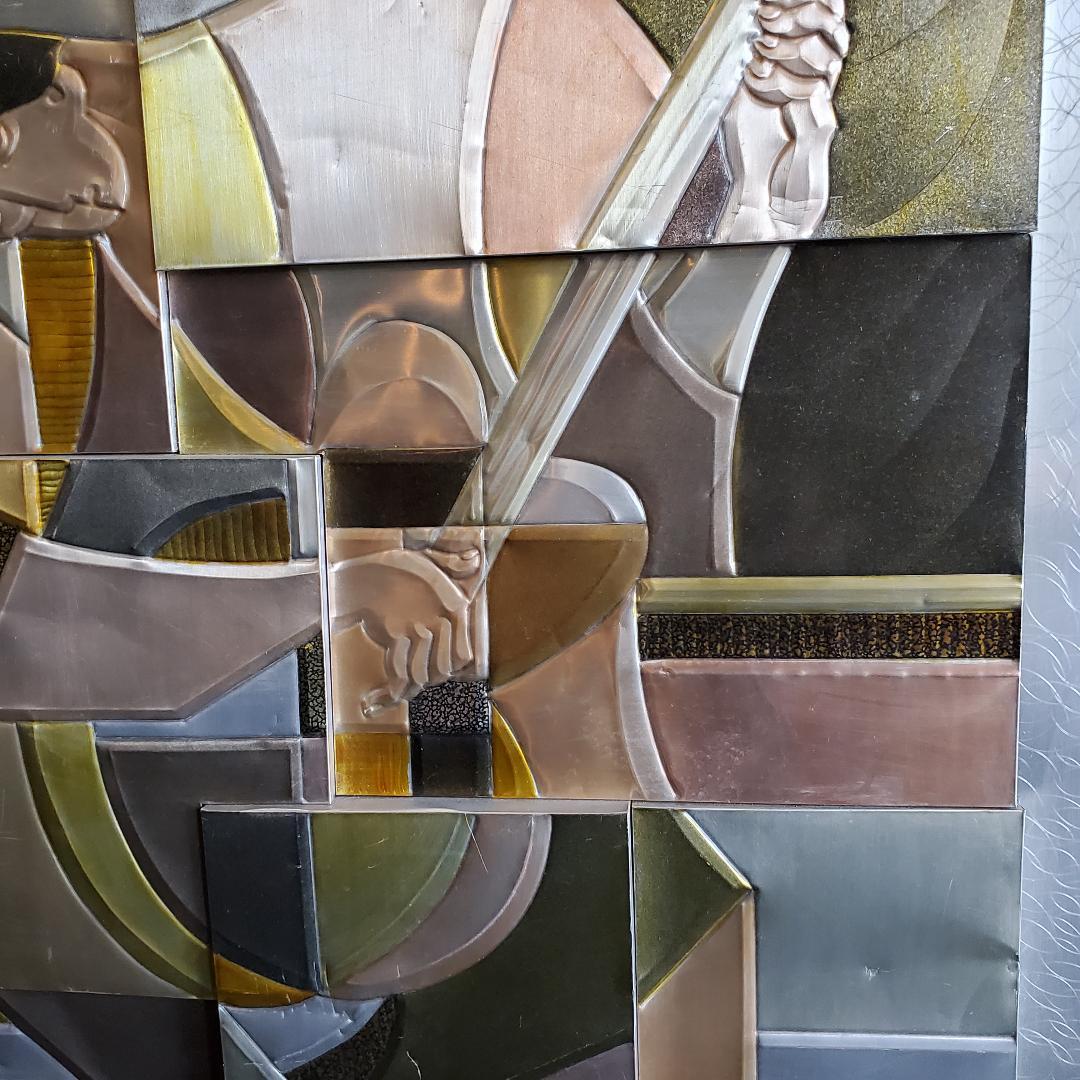 Brutalist Picasso's Guitarist Rendering in 3D Embossed Tinted Aluminum Metal Art Signed For Sale
