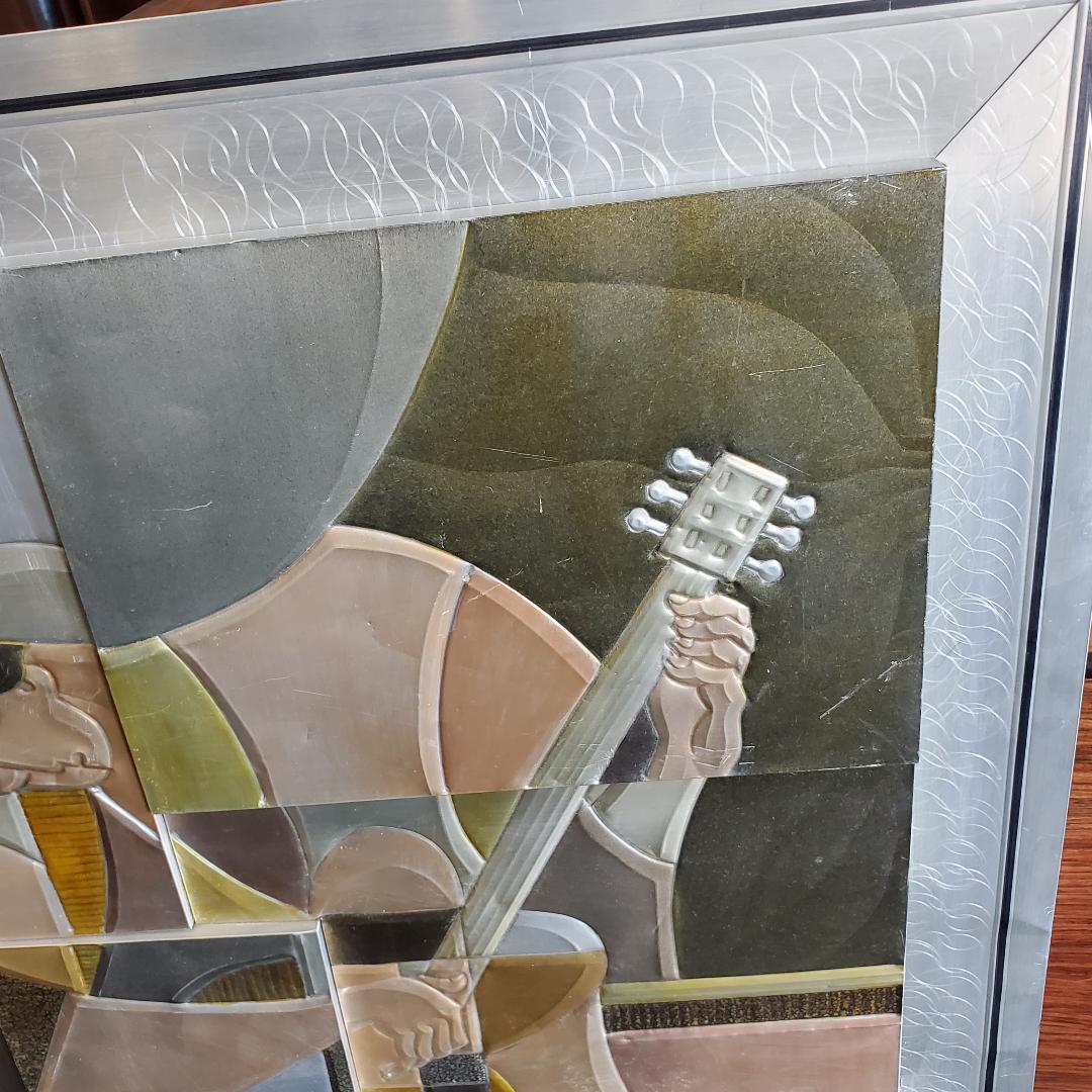 American Picasso's Guitarist Rendering in 3D Embossed Tinted Aluminum Metal Art Signed For Sale