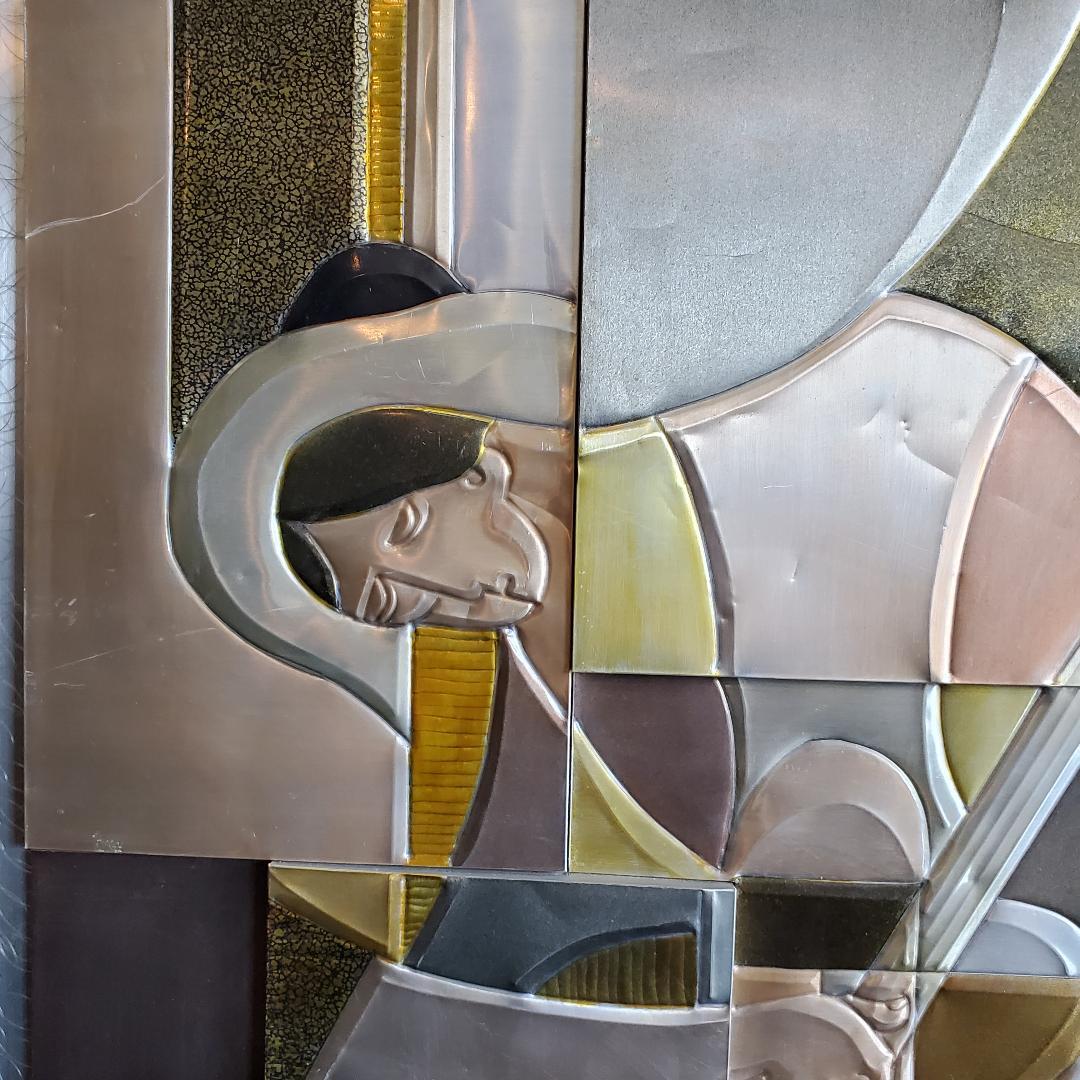 Picasso's Guitarist Rendering in 3D Embossed Tinted Aluminum Metal Art Signed In Good Condition For Sale In Monrovia, CA