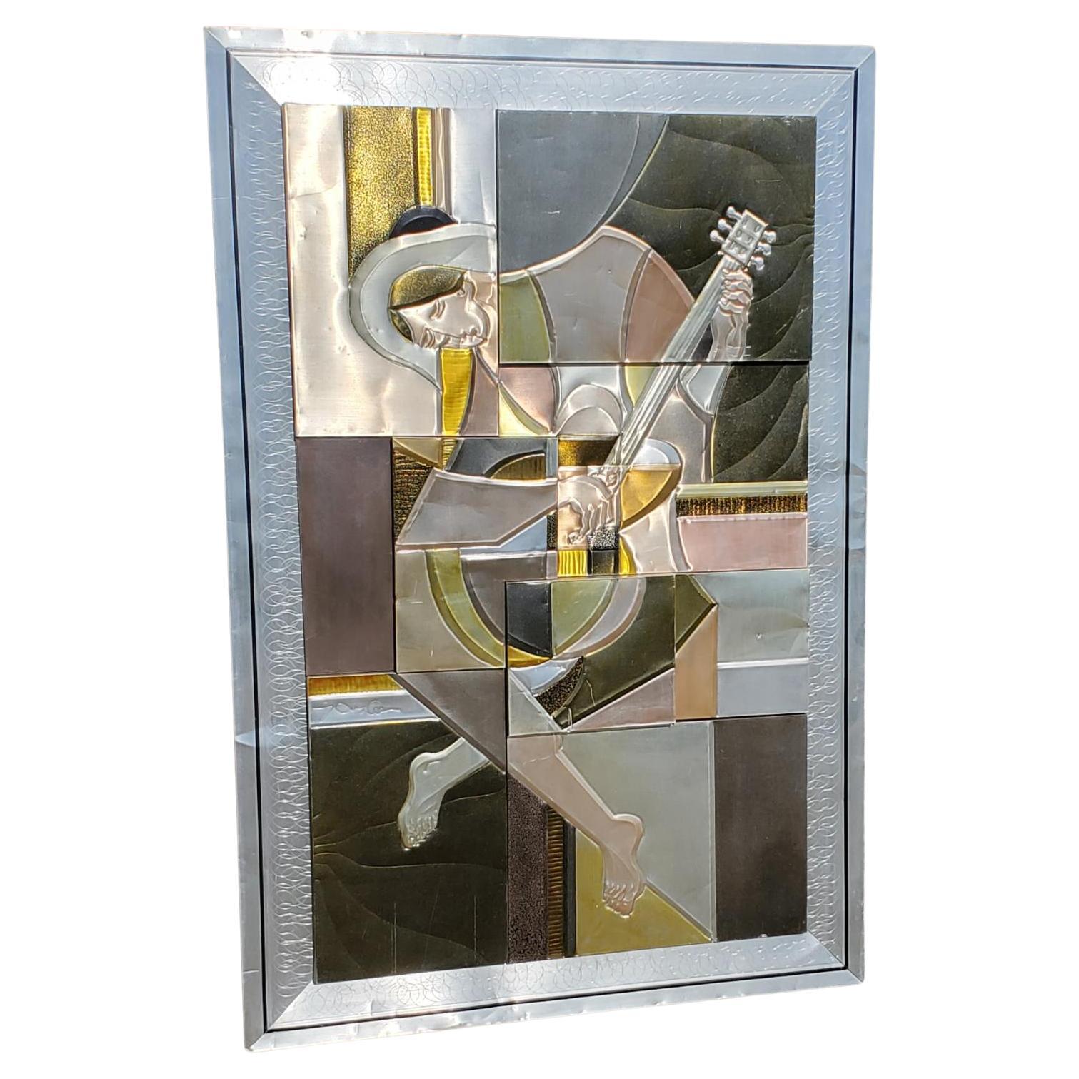 Picasso's Guitarist Rendering in 3D Embossed Tinted Aluminum Metal Art Signed For Sale
