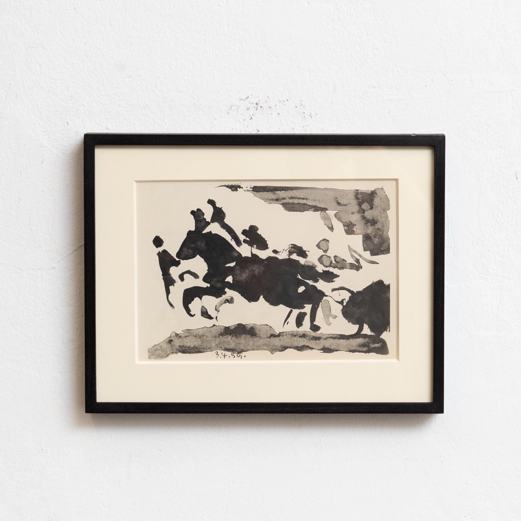 Questa straordinaria stampa in bianco e nero di Pablo Picasso proviene dalla prima edizione di Toros y Toreros (1961) e cattura la dinamica astrazione dell'artista di una scena di corrida. Incorniciata in un'elegante cornice di legno nero laccato,