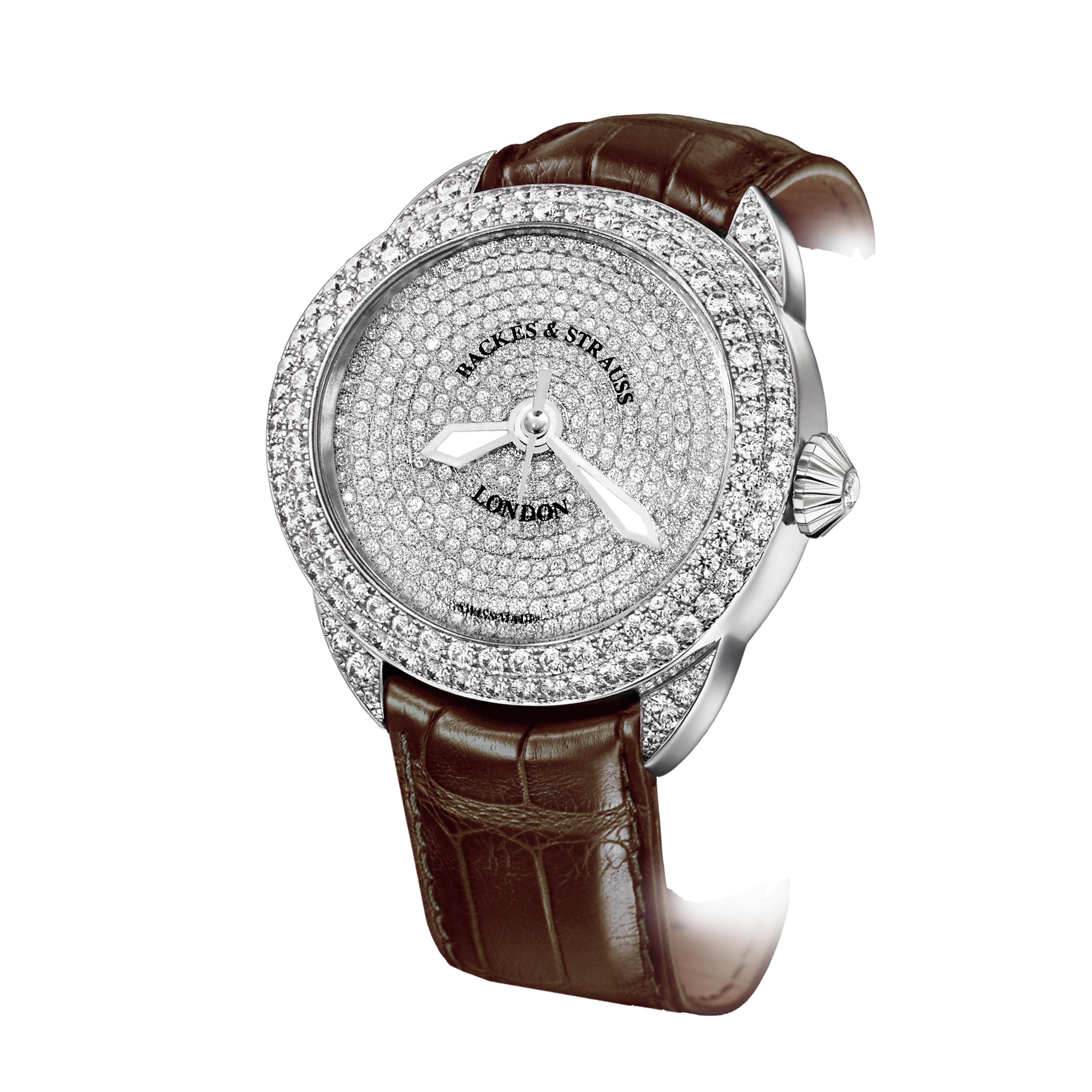 Piccadilly 45 is a luxury diamond watch for men and women crafted in 18kt White gold, featuring the fully set diamond dial with white gold Roman numerals, automatic movement. The case, dial, buckle and crown are set with white Ideal Cut diamonds. It