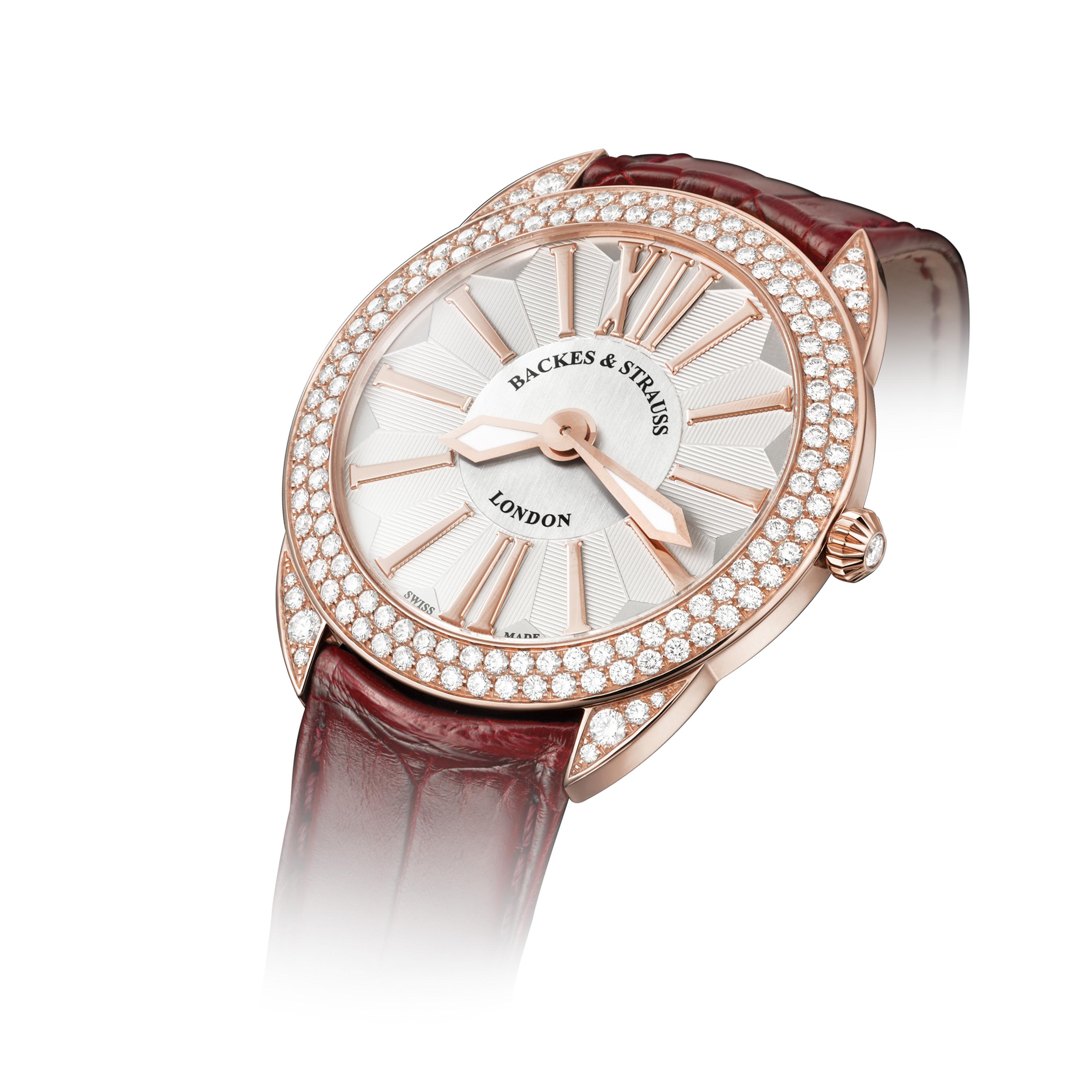 The Piccadilly Renaissance 33 is a luxury diamond watch for women crafted in 18kt Rose gold, featuring the white oval dial, mechanical movement. The case and crown are set with white Ideal Cut diamonds. It is a 33 mm slim watch with the leather