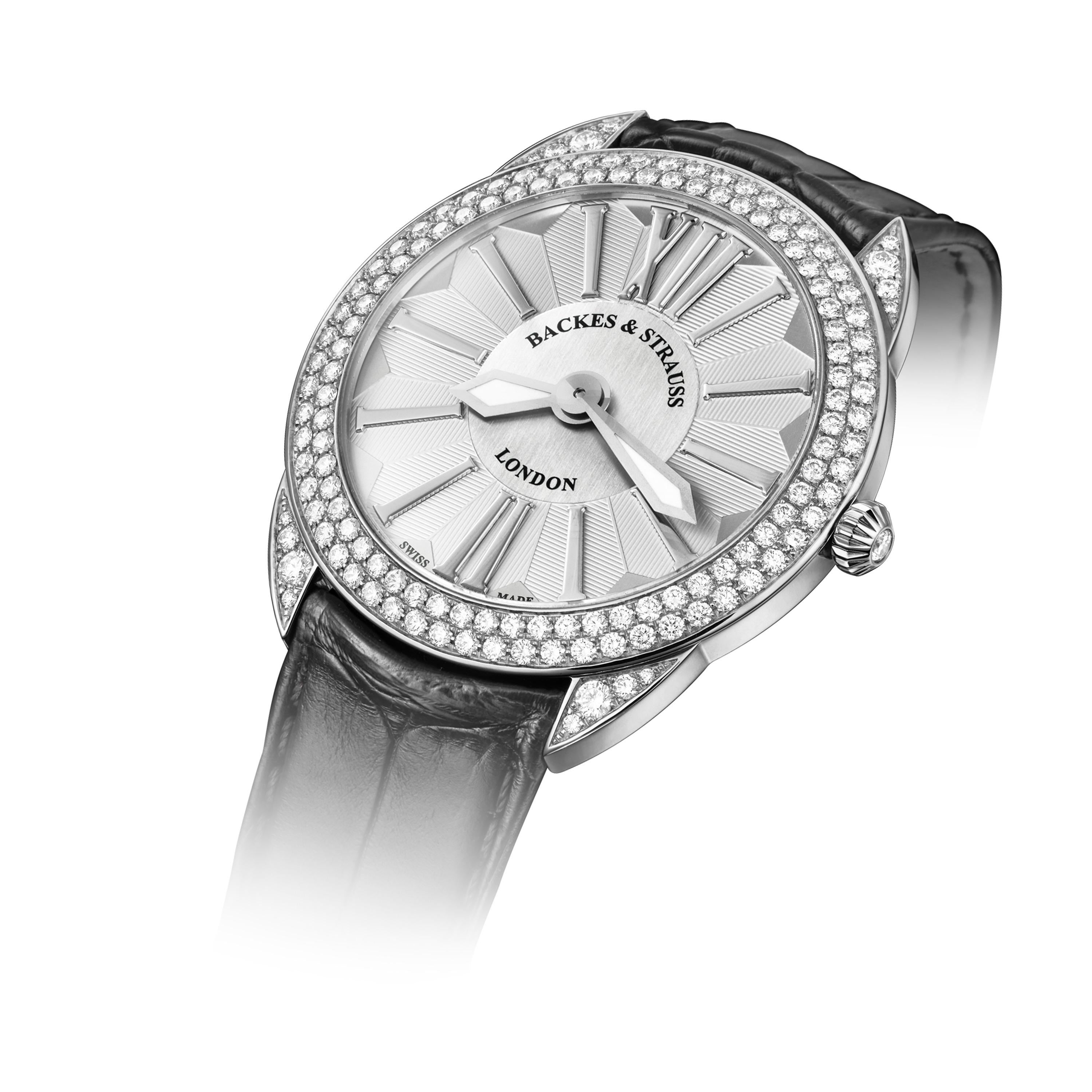 The Piccadilly Renaissance 33 is a luxury diamond watch for women crafted in 18kt White gold, featuring the white dial and white gold roman numerals, mechanical movement. The case, buckle and crown are set with white Ideal Cut diamonds. It is a 33mm