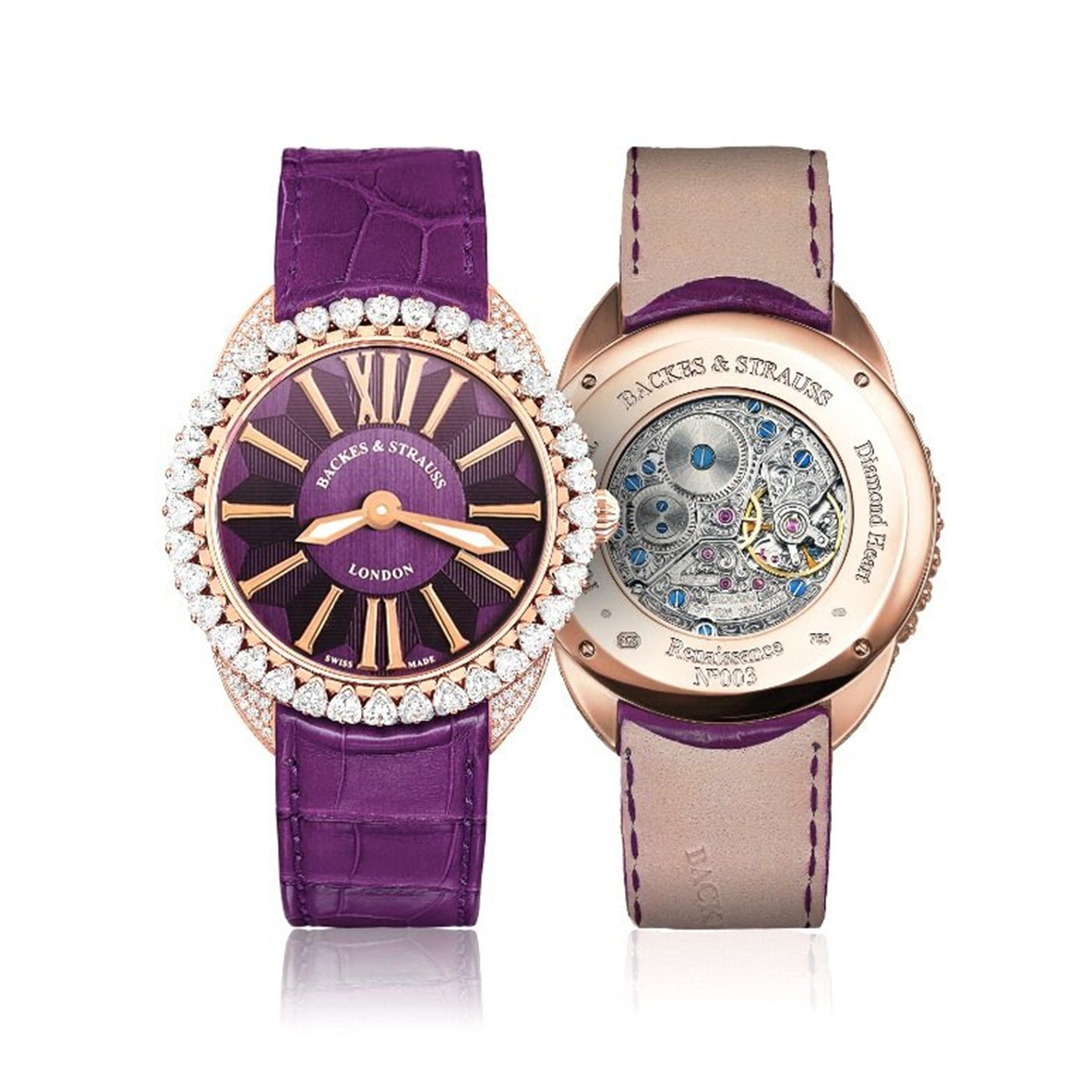 The Piccadilly Renaissance Diamond Heart 40 is a luxury diamond watch for women crafted in 18kt Rose gold, featuring the purple dial and white gold roman numerals, mechanical movement. The case, bezel and buckle are set with white Ideal Cut and