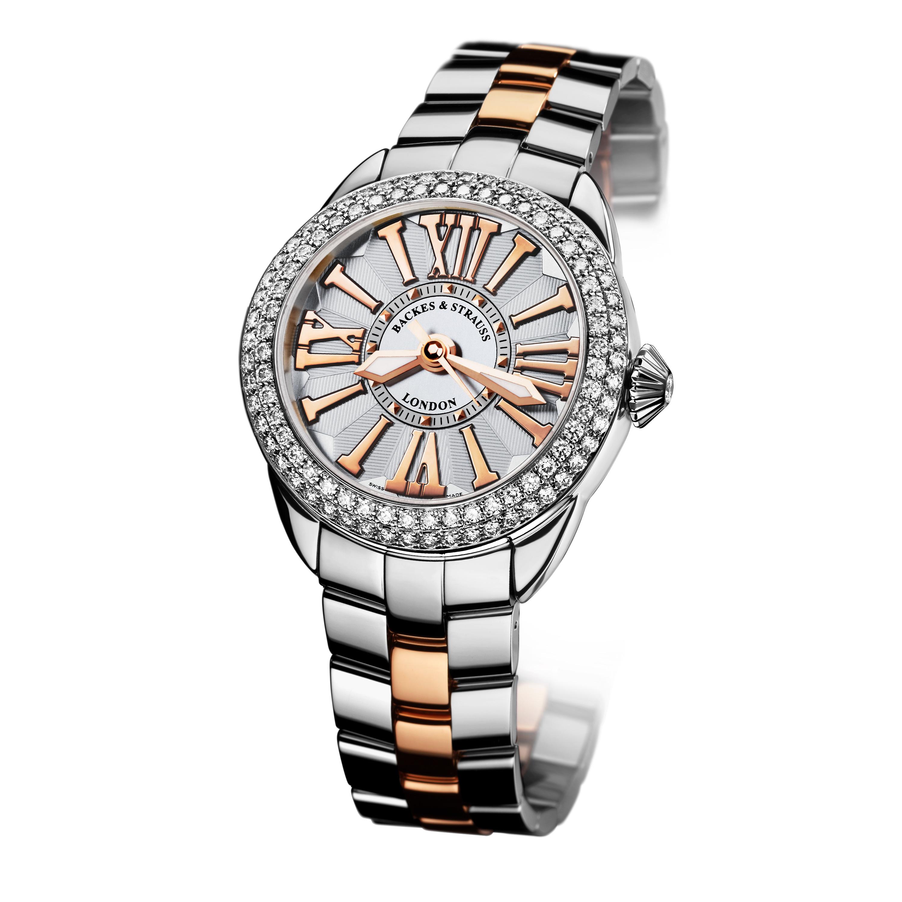 Piccadilly Steel 37 SP is a luxury diamond watch for women crafted in Stainless Steel, featuring a white round oval dial with rose gold Roman numerals, automatic movement. The case and crown are set with white Ideal Cut diamonds. It is a 37 mm
