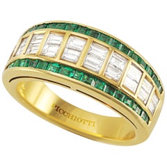 Picchiotti 18 K Yellow Gold Baguette Diamond and Square Emerald Ring