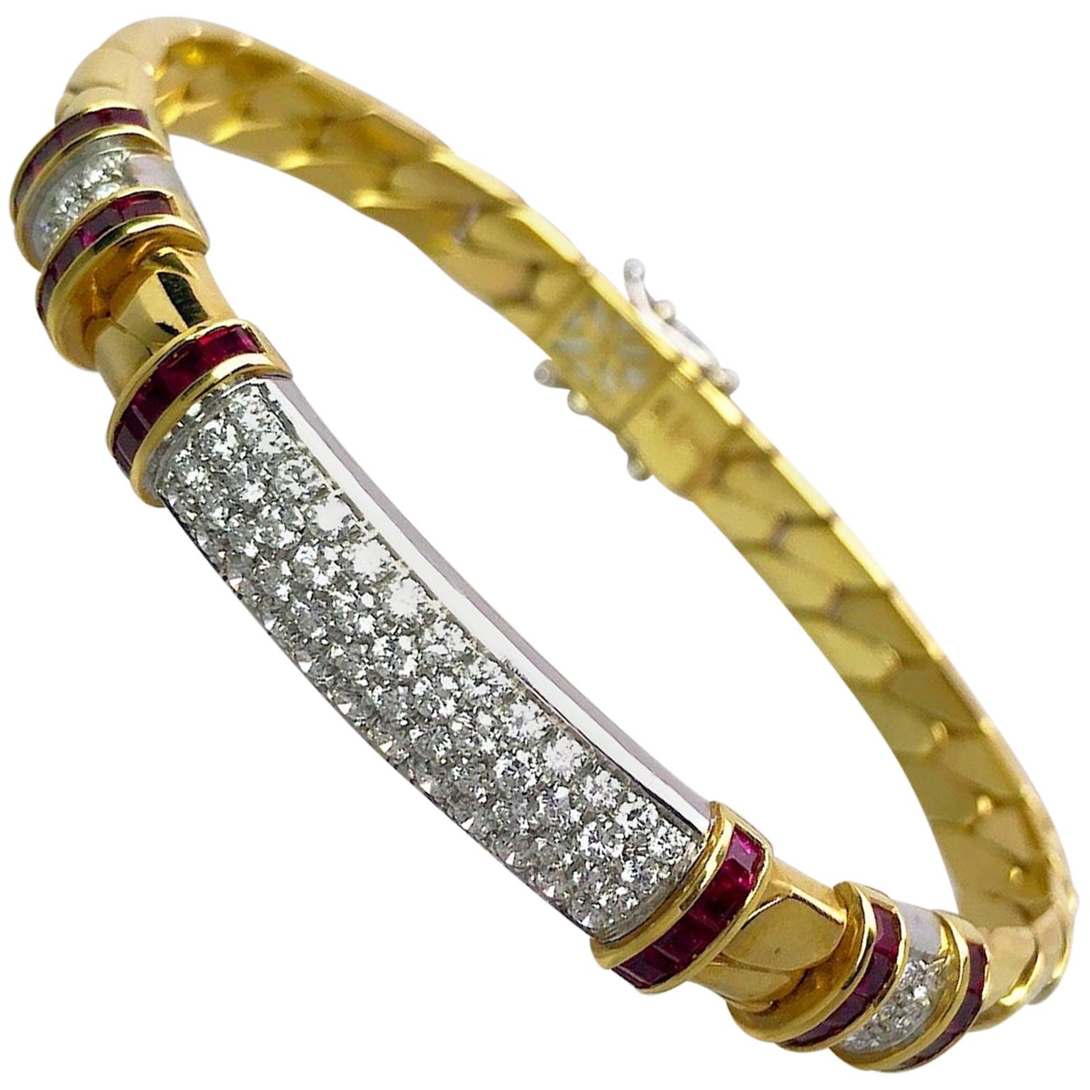 Picchiotti 18 Karat Gold, 2.05 Carat Ruby and 1.14Ct. Diamond Gourmette Bracelet For Sale