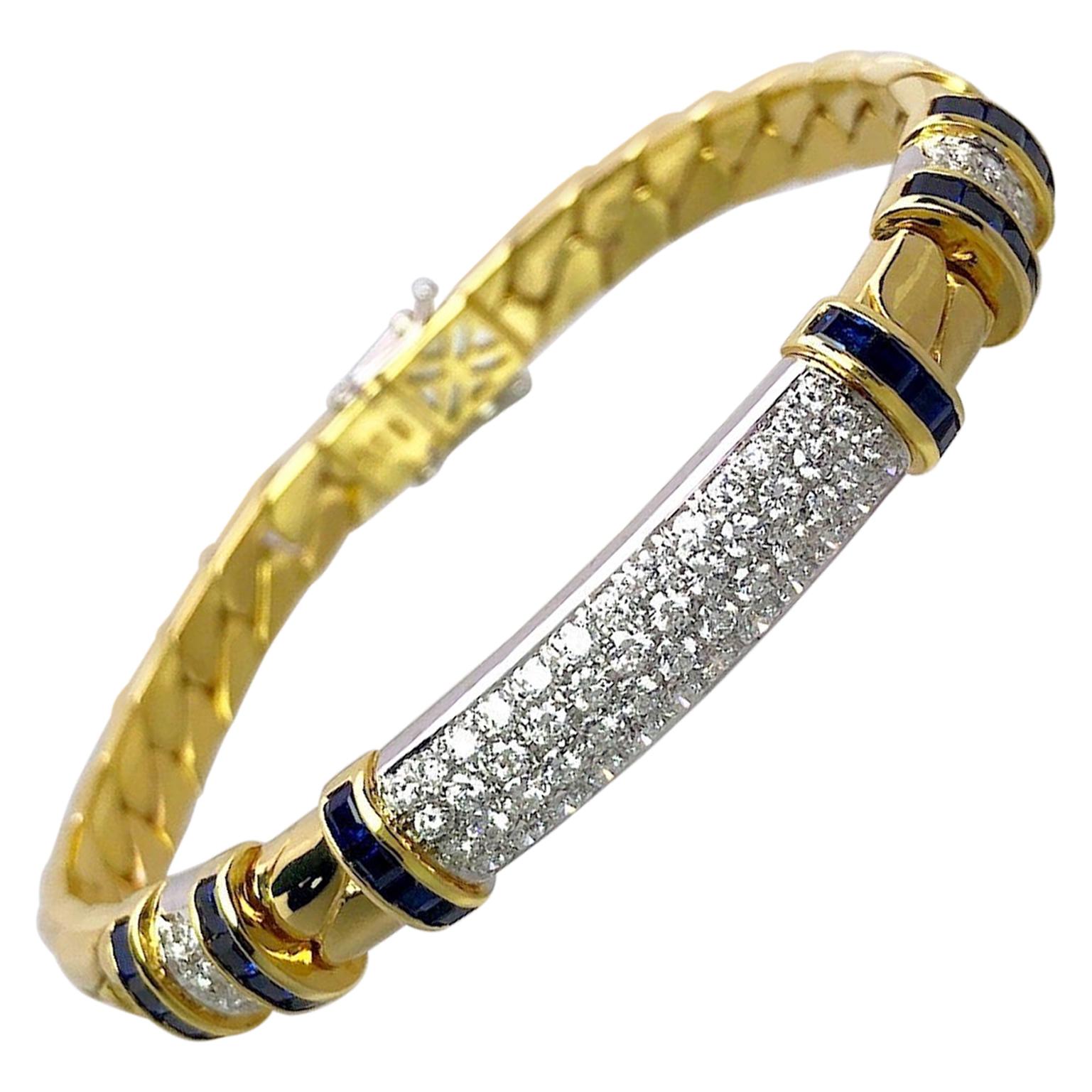 Picchiotti 18 Karat Gold, 2.42 Carat Diamond and Sapphire Gourmette Bracelet For Sale