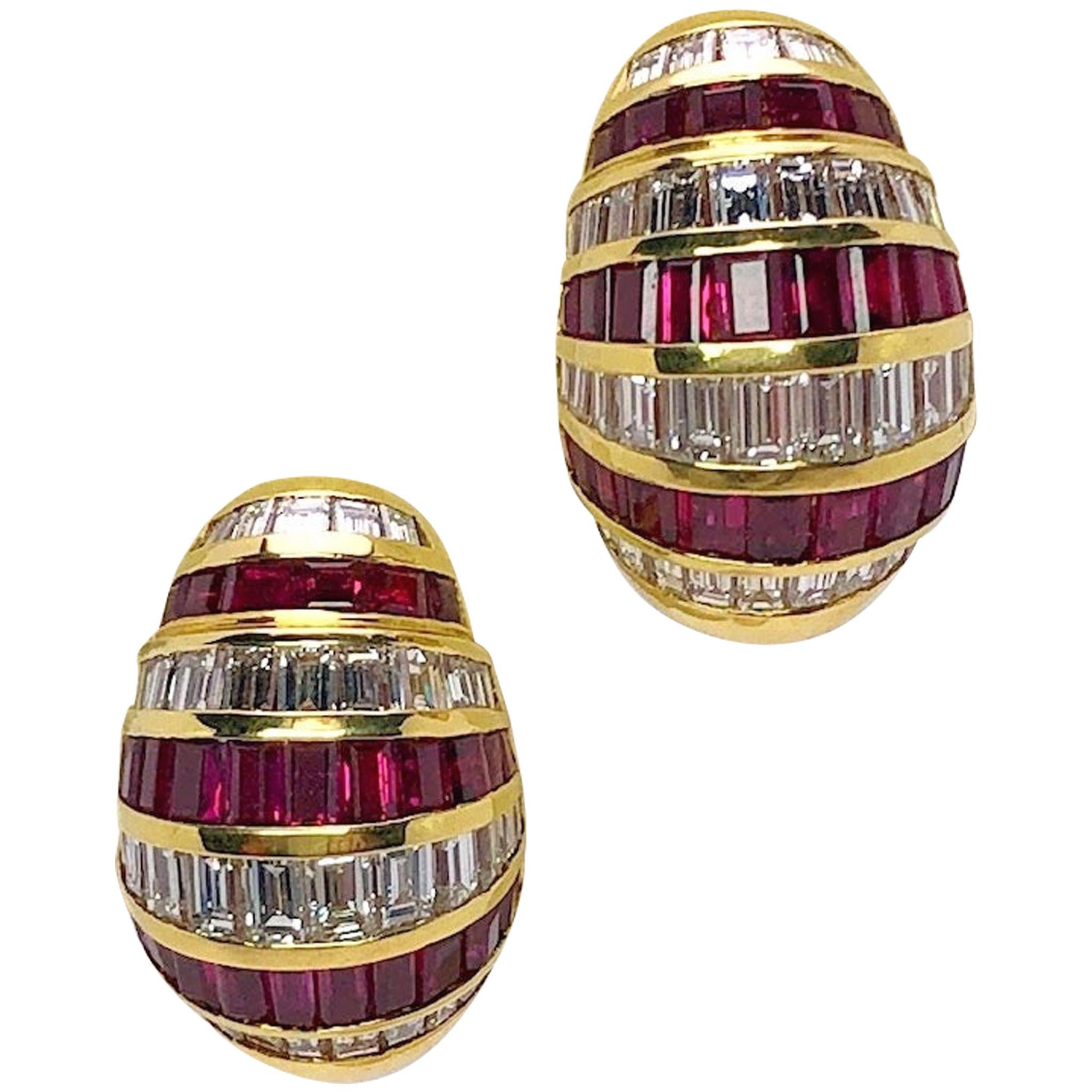 Picchiotti 18 Karat Gold, 5.64 Carat Ruby and 4.59 Carat Diamond Bombe Earring For Sale