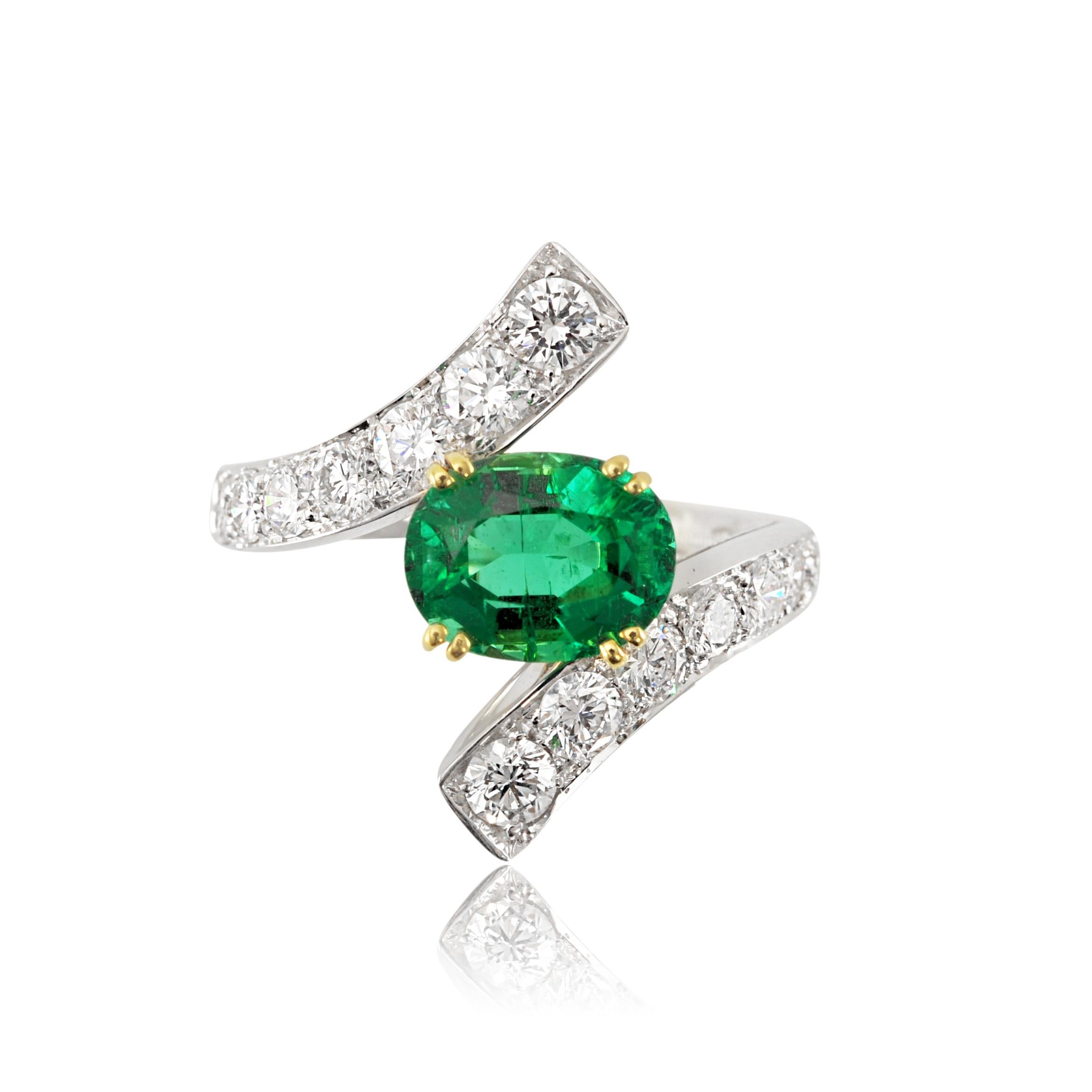Women's Picchiotti 18 Karat White and Yellow Gold Fashion Ring with Diamonds and Emerald For Sale
