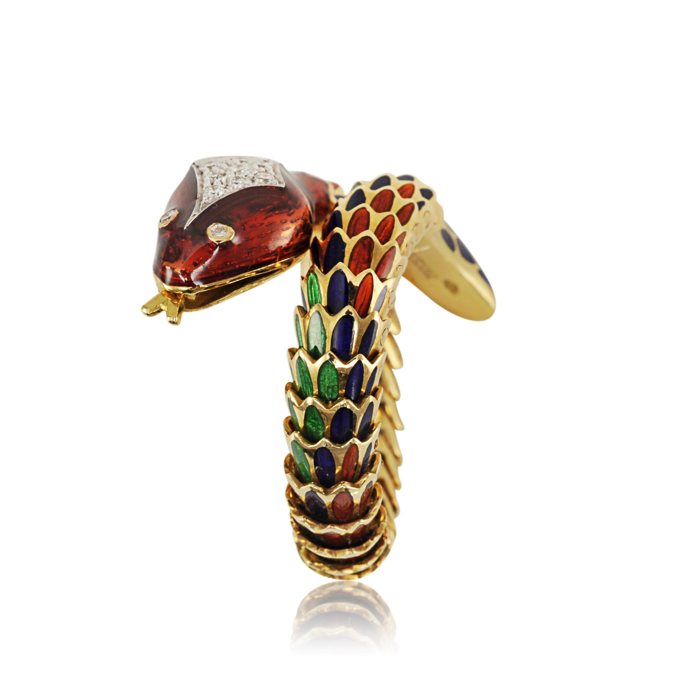 Round Cut Picchiotti 18 Karat Yellow and White Gold Multi-Color Enamel Snake Ring For Sale