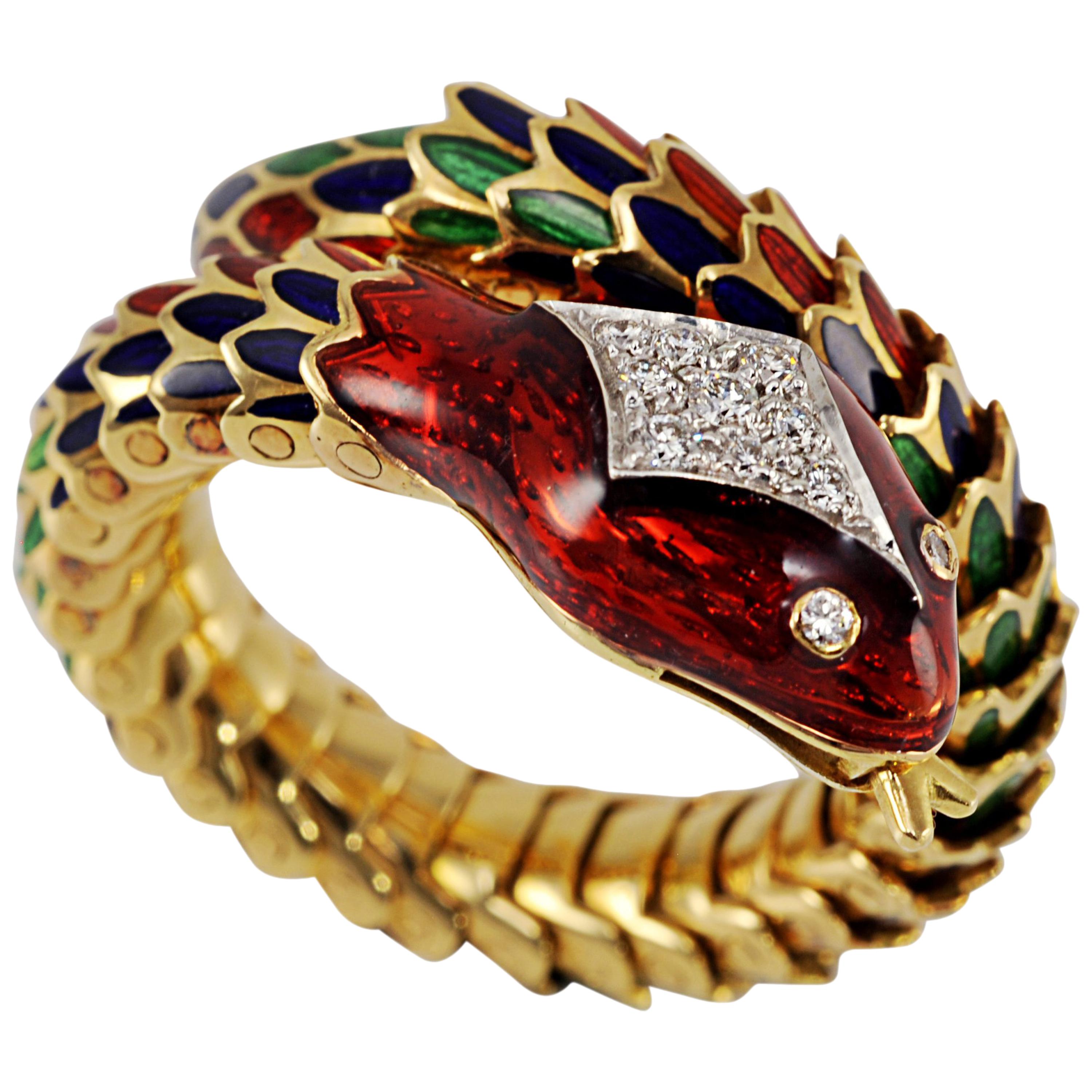 Picchiotti 18 Karat Yellow and White Gold Multi-Color Enamel Snake Ring For Sale