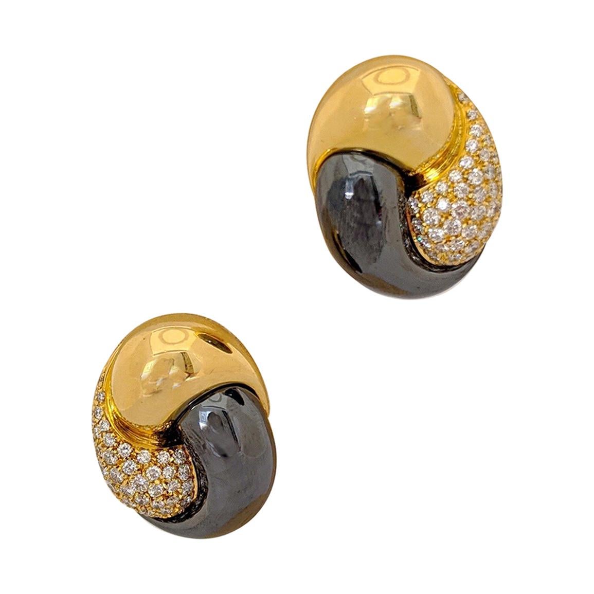 Picchiotti 18 Karat Yellow Gold, 2.27 Carat, Diamond and Hematite Earrings For Sale