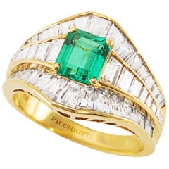 Picchiotti 18 Karat Yellow Gold Baguette Diamond and Octagonal Emerald Ring