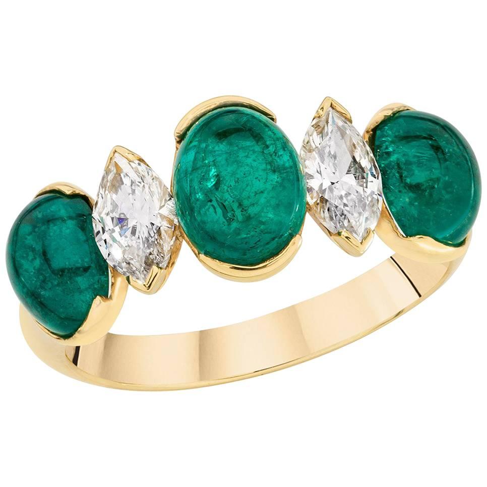 Picchiotti 18 Karat Yellow Gold Oval Emerald and Marquis Diamond Ring