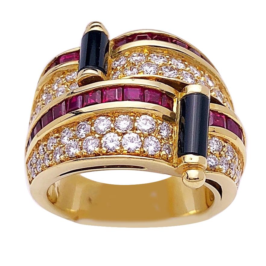 Picchiotti 18 Karat Yellow Gold Ring with Diamond, Ruby, and Black Onyx
