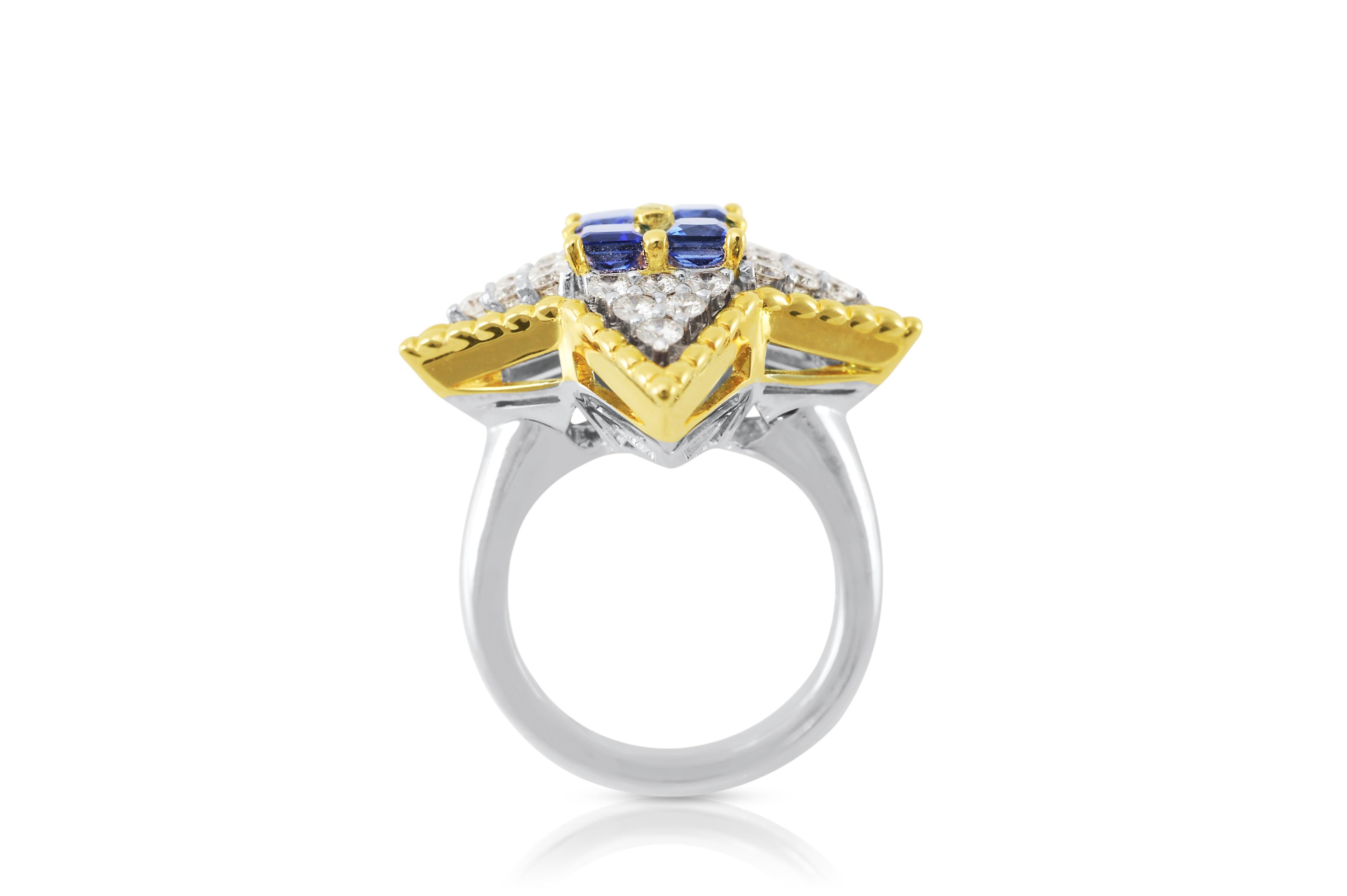 Contemporary Picchiotti 18k White and Yellow Gold Ring with Blue Sapphires and Round Diamonds For Sale