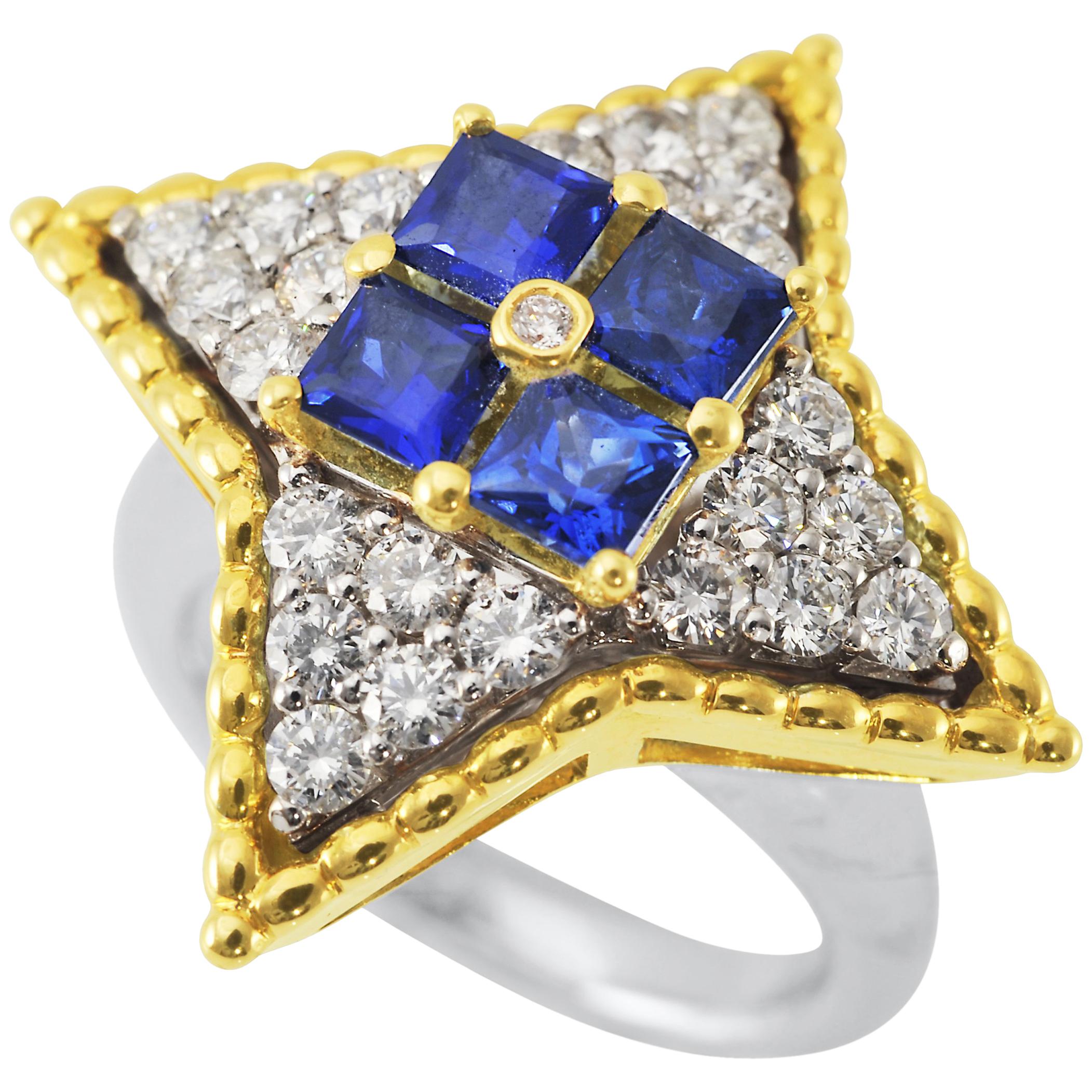 Picchiotti 18k White and Yellow Gold Ring with Blue Sapphires and Round Diamonds For Sale