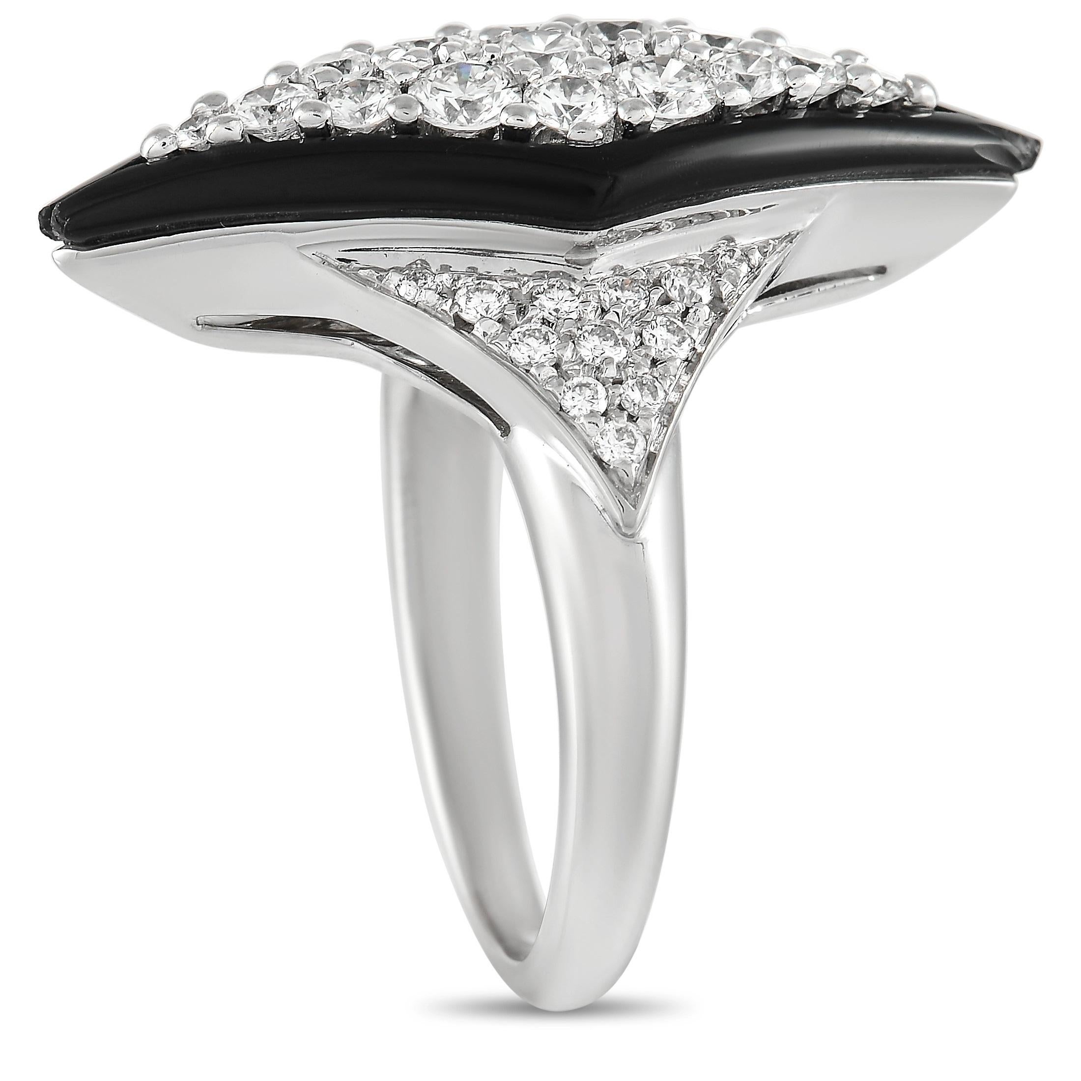 This unique Picchiotti 18K White Gold 1.07 ct Diamond Onyx Ring is sure to attract attention. The thick rounded band is made with sleek 18K White Gold and set with 1.07 carats of round-cut diamonds of assorted sizes over the band and the face of the