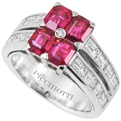 Picchiotti 18K White Gold Baguette Diamonds and Octagonal Rubies Cluster Ring