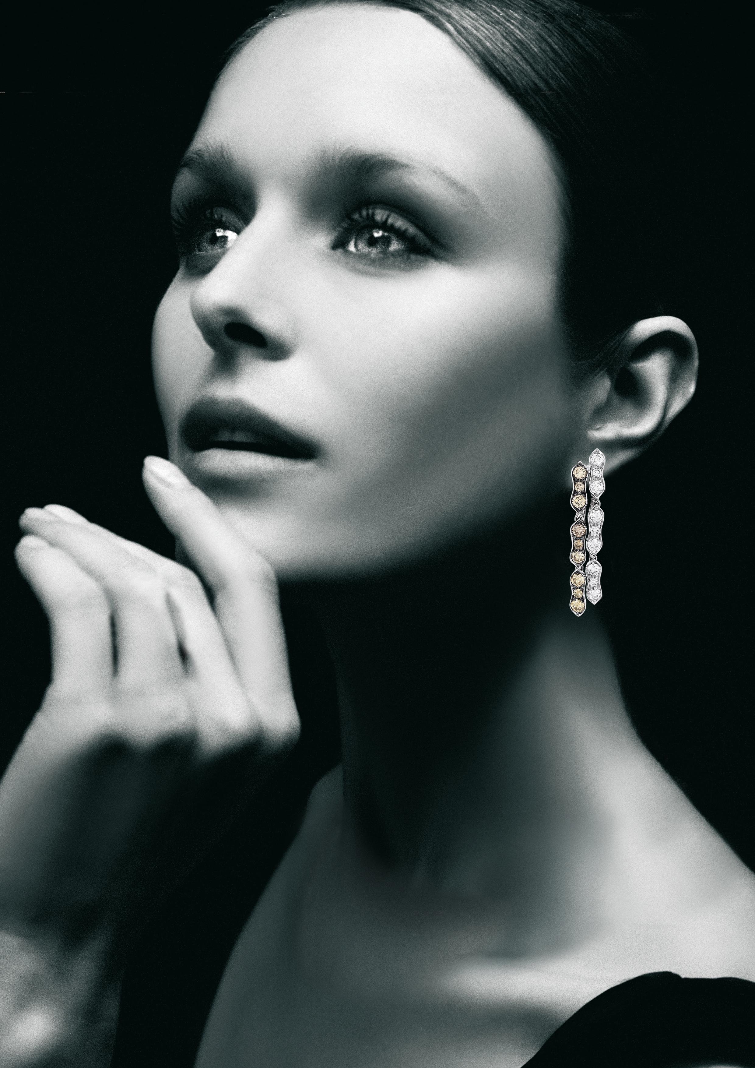 Elegant drop earrings with a line of white diamonds flanked by a line of cognac diamonds set on black-rhodium plated gold creating a scintillanting cascade.
Round Diamonds 1.60 carat Colour F-G / Clarity VS
Cognac Diamonds 1.85 carat
Each Picchiotti