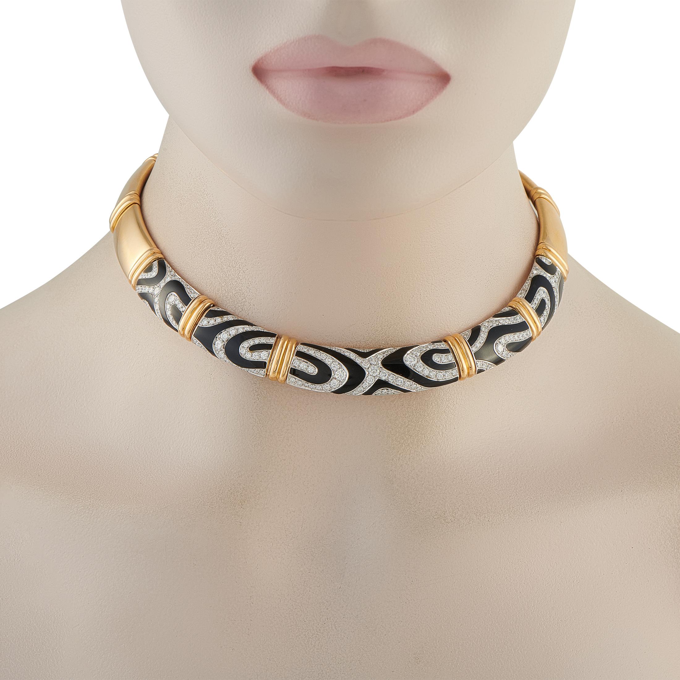 Bold colors and luxury materials come together to create this unforgettable Picchiotti necklace. On this elegant accessory, Black enamel accents are boldly juxtaposed with sparkling Diamonds totaling 4.52 carats. Opulent 18K Yellow Gold accents