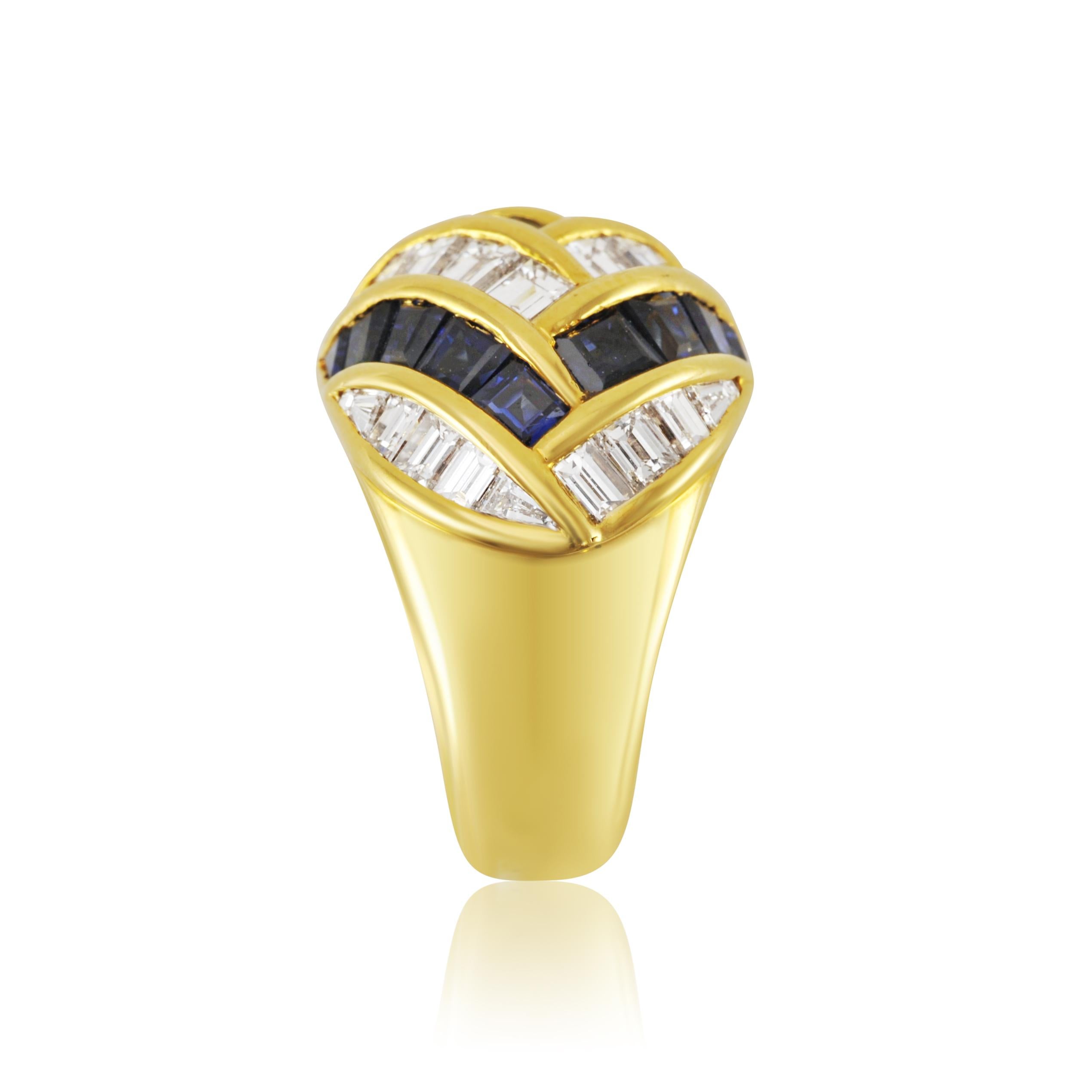 A quintessential Picchiotti dome ring set with a complex baguette inlay where all the diamonds and sapphires are purposely recut to follow the design of the ring. 
Baguette Diamonds 3.80 carat Colour F-G / Clarity VVS
Square Sapphires 4.62 carat
US