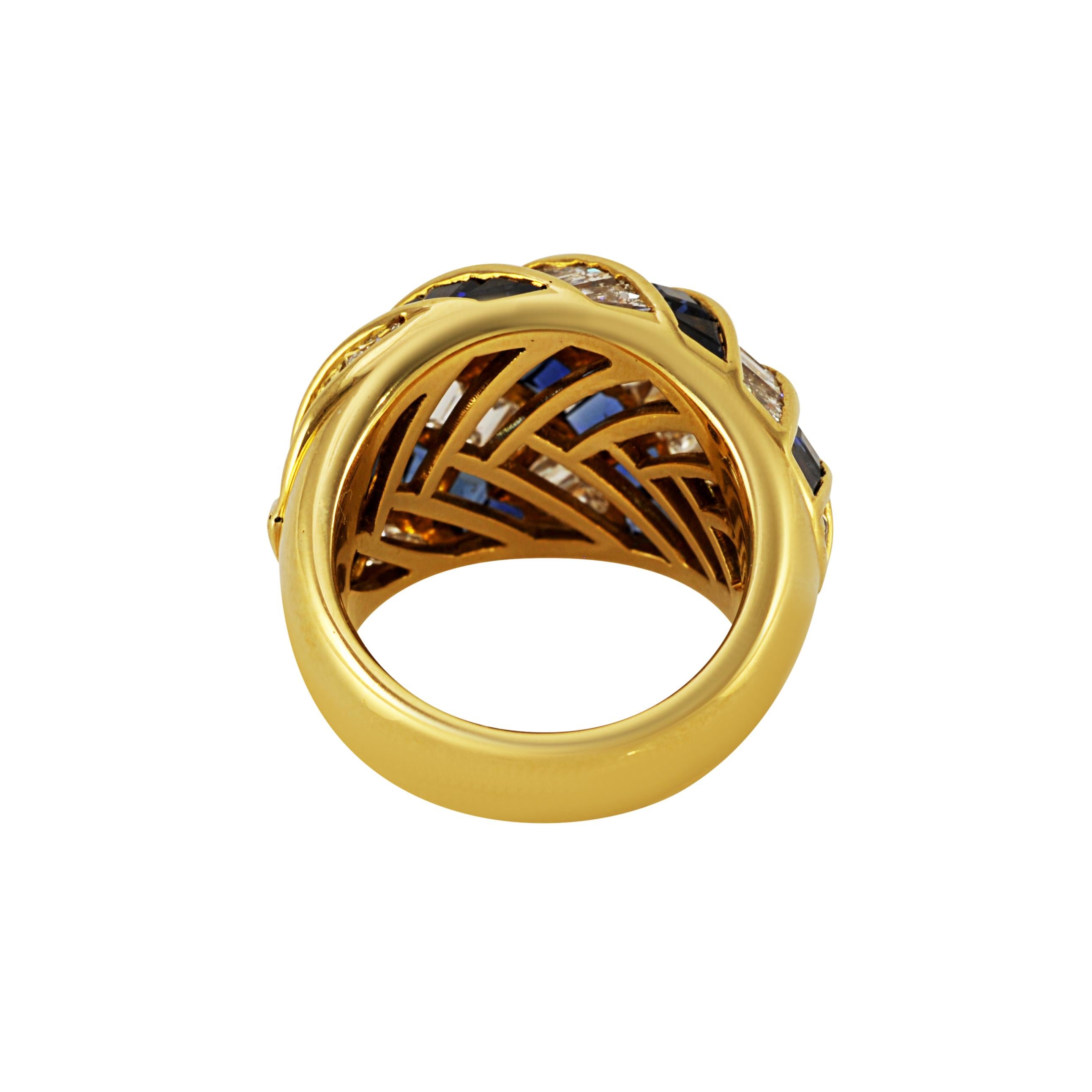Contemporary Picchiotti 18K Yellow Gold Baguette Diamond and Sapphire Cocktail Ring For Sale